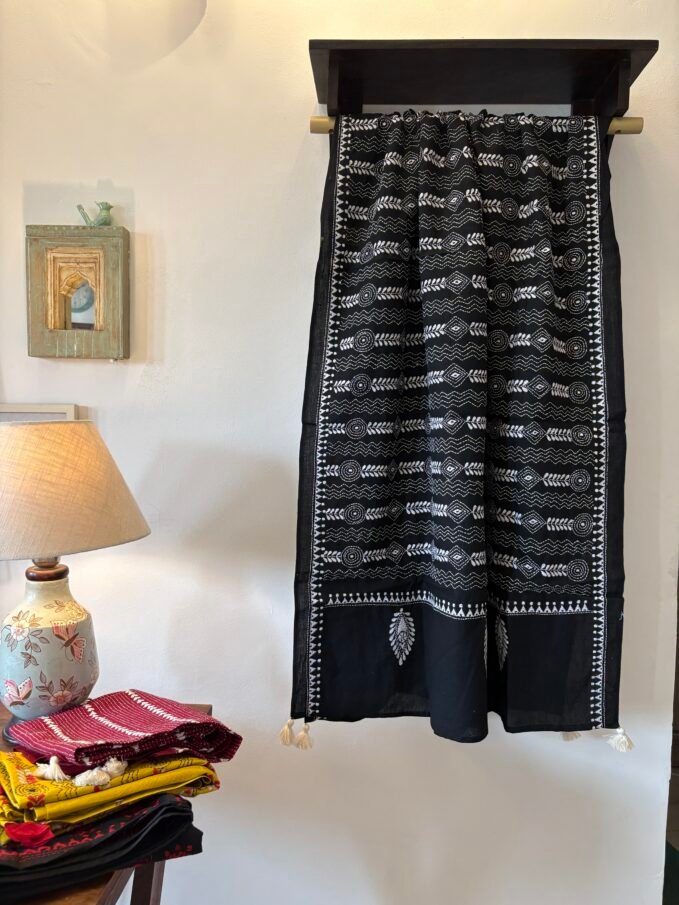 Hand Kantha Embroidered Pure Cotton Dupatta with Tassels