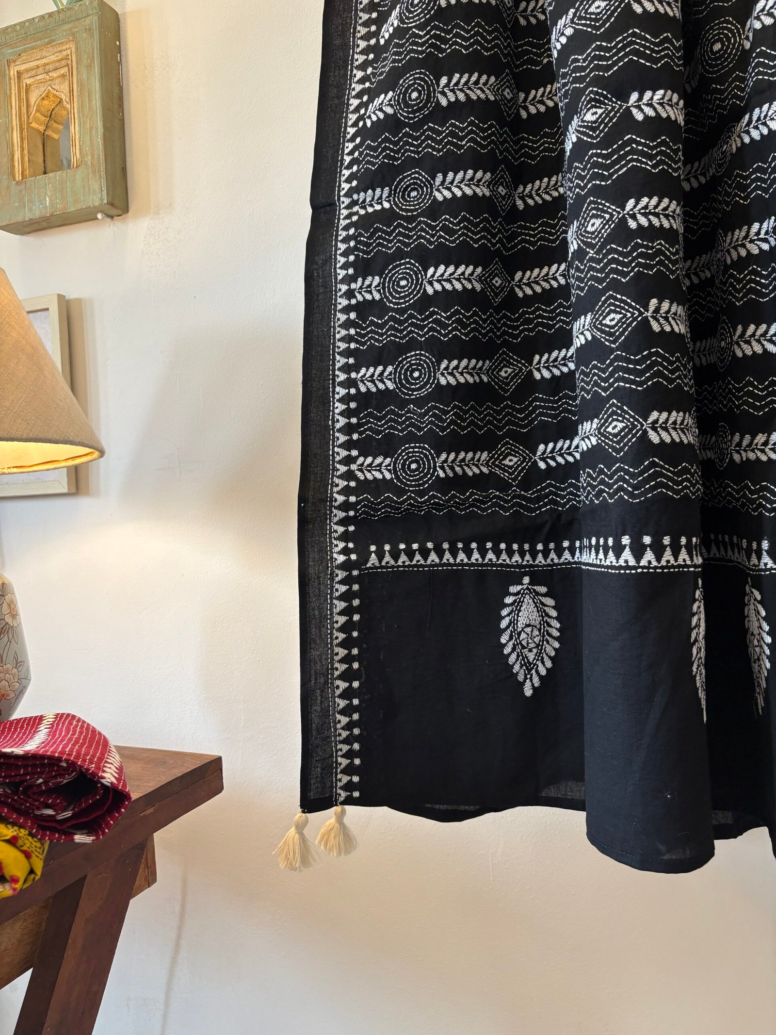 Hand Kantha Embroidered Pure Cotton Dupatta with Tassels - Image 2