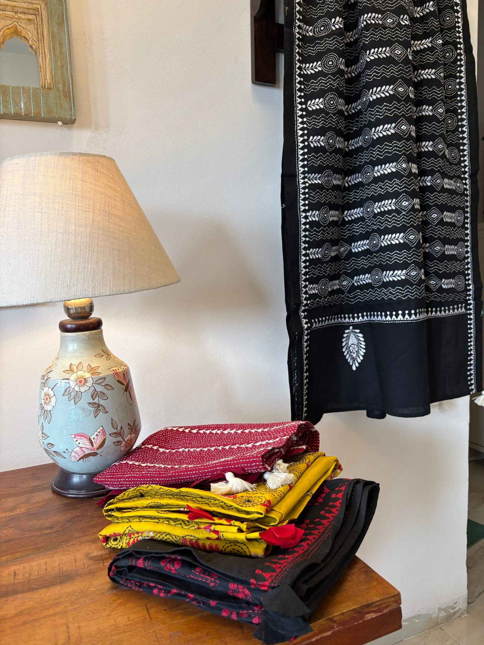 Hand Kantha Embroidered Pure Cotton Dupatta with Tassels - Image 4
