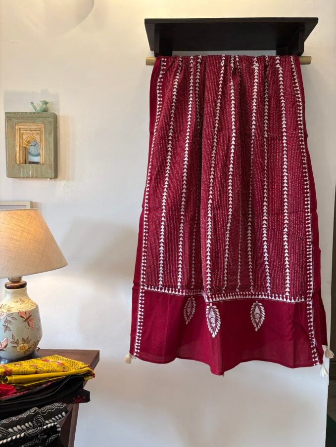 Hand Kantha Embroidered Pure Cotton Dupatta with Tassels
