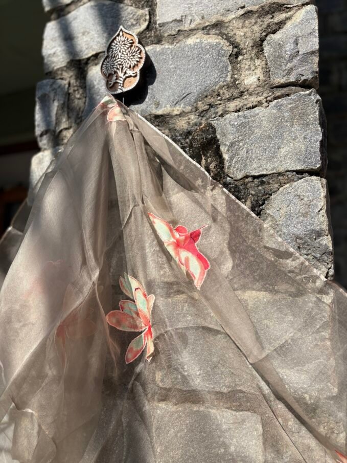 Floral Applique Worked Kora Dupatta and Unstitched Premium Chanderi Salwar Suit by Ikhtirah (Grey)