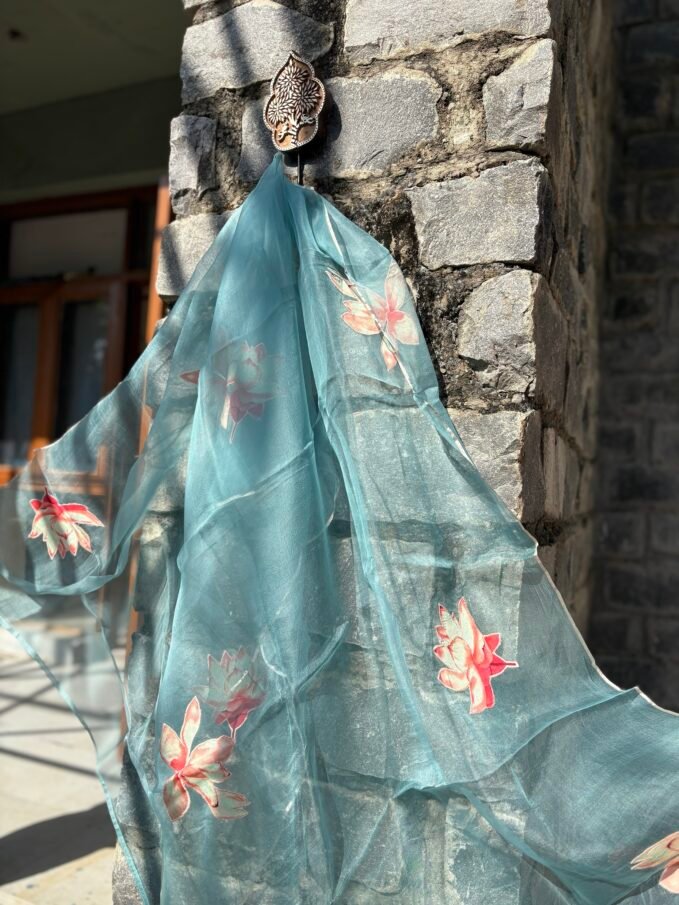 Floral Applique Worked Kora Dupatta and Unstitched Premium Chanderi Salwar Suit by Ikhtirah (Blue)