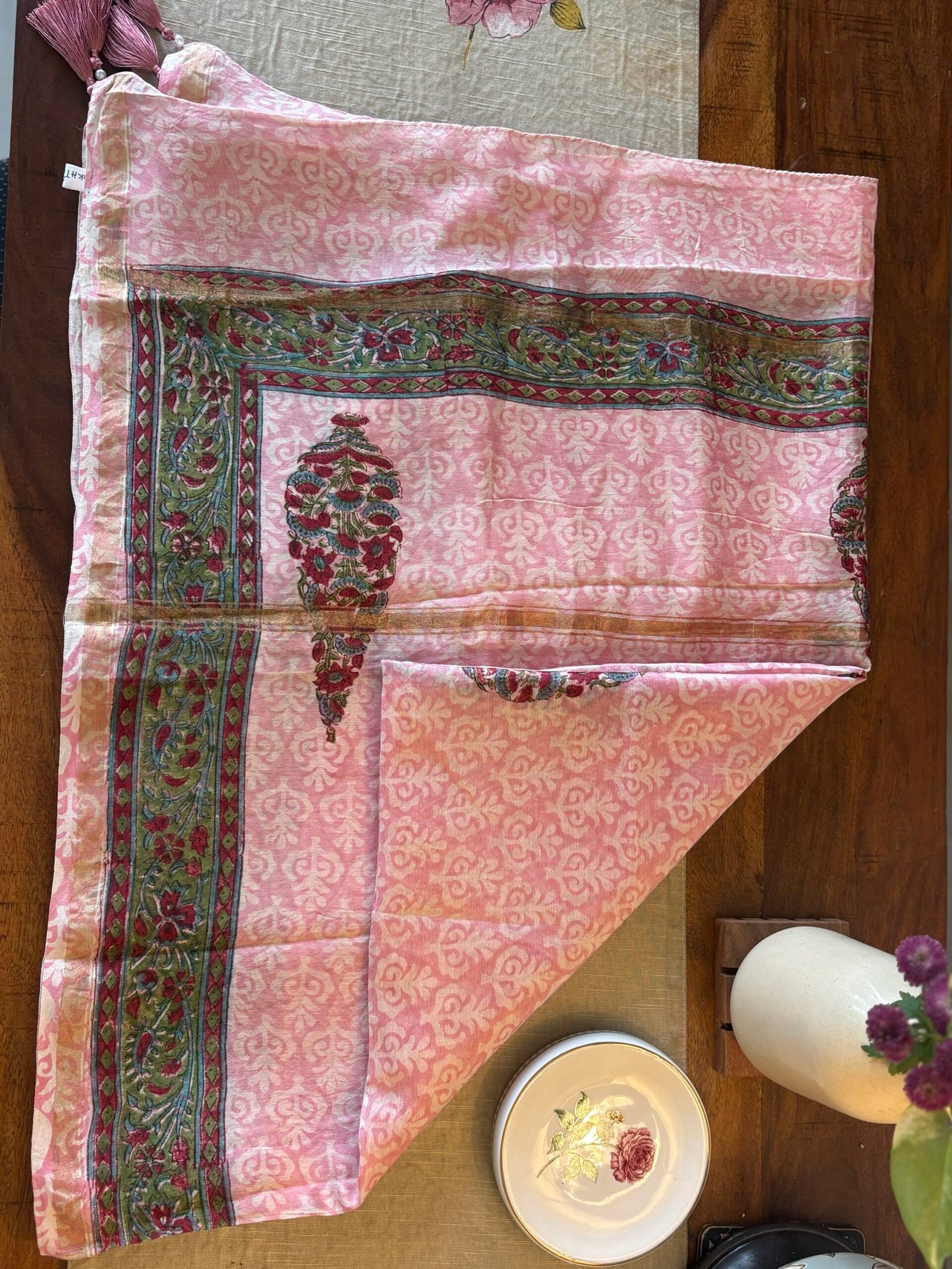 Hand-Blocked Pure Chanderi Silk Dupatta with Tassels C - Image 6