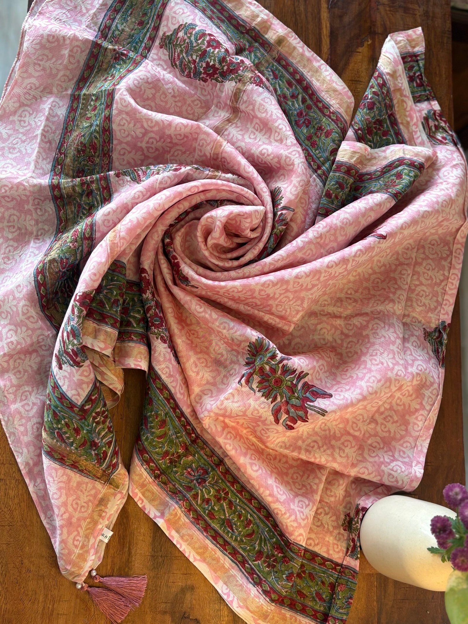 Hand-Blocked Pure Chanderi Silk Dupatta with Tassels C - Image 7