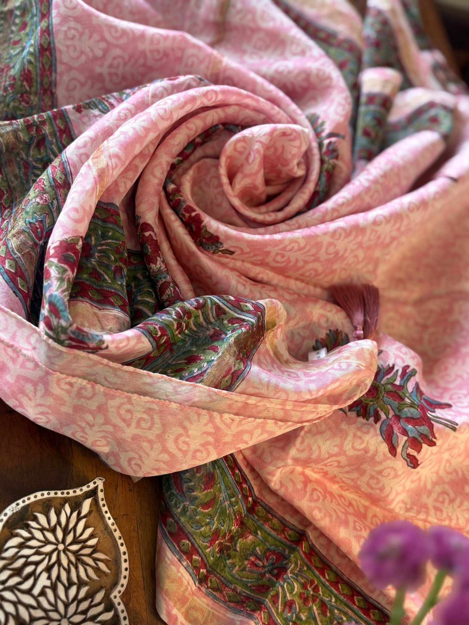 Hand-Blocked Pure Chanderi Silk Dupatta with Tassels C - Image 3