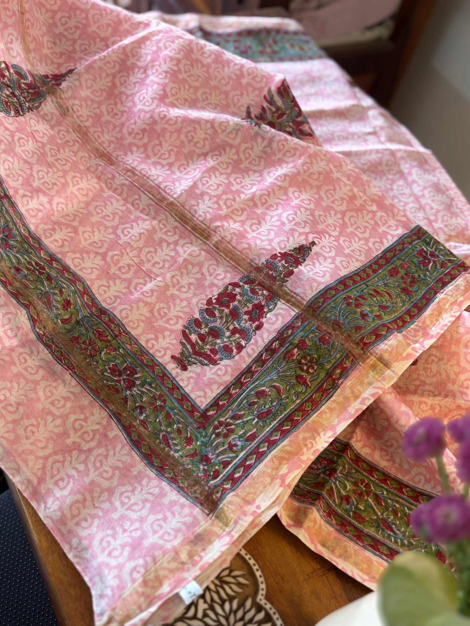 Hand-Blocked Pure Chanderi Silk Dupatta with Tassels C - Image 4