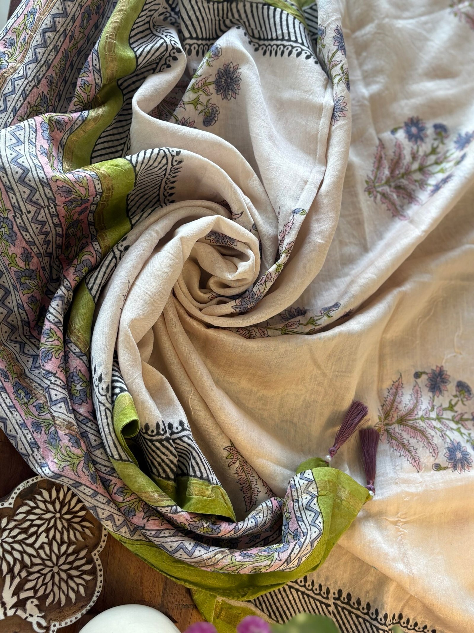 Hand-Blocked Pure Chanderi Silk Dupatta with Tassels A - Image 4