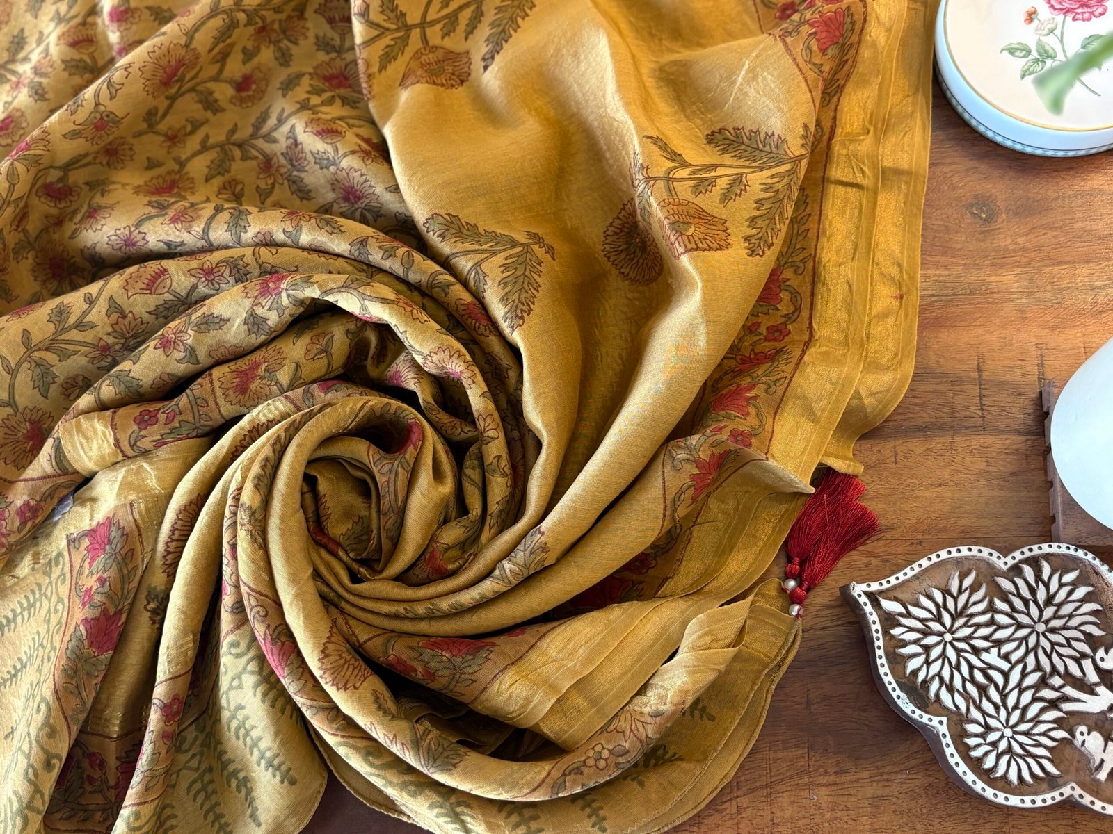 Hand-Blocked Pure Chanderi Silk Dupatta with Tassels D - Image 4