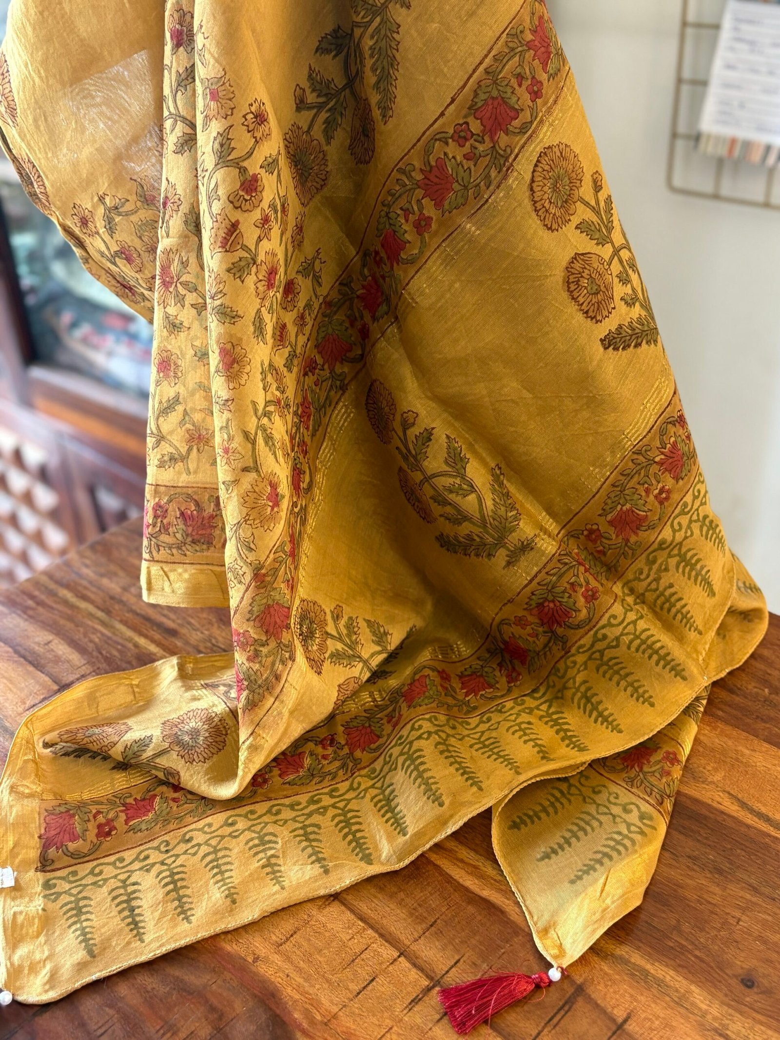 Hand-Blocked Pure Chanderi Silk Dupatta with Tassels D - Image 3