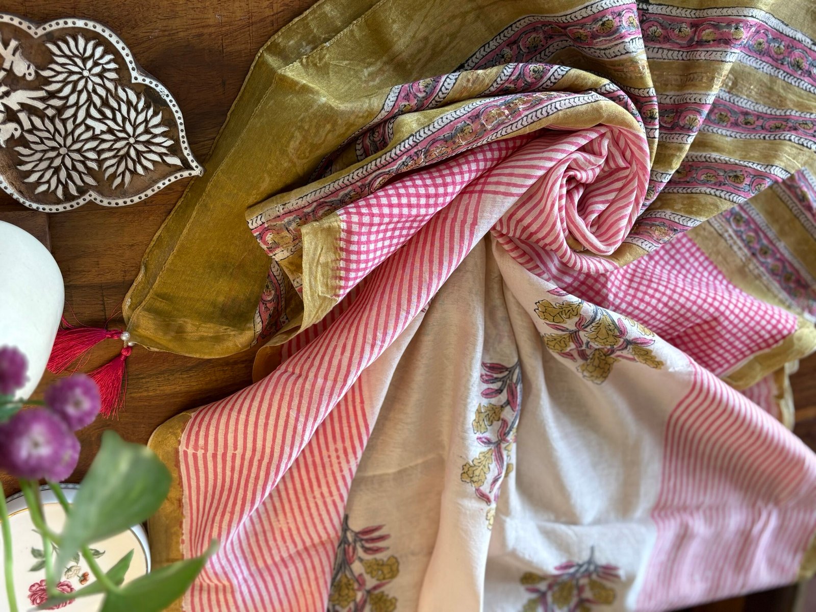 Hand-Blocked Pure Chanderi Silk Dupatta with Tassels B - Image 5