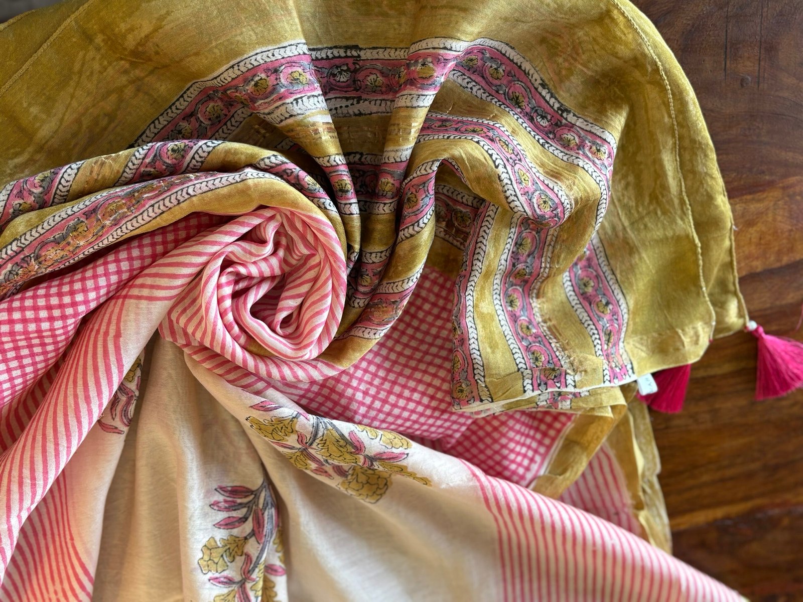 Hand-Blocked Pure Chanderi Silk Dupatta with Tassels B - Image 6