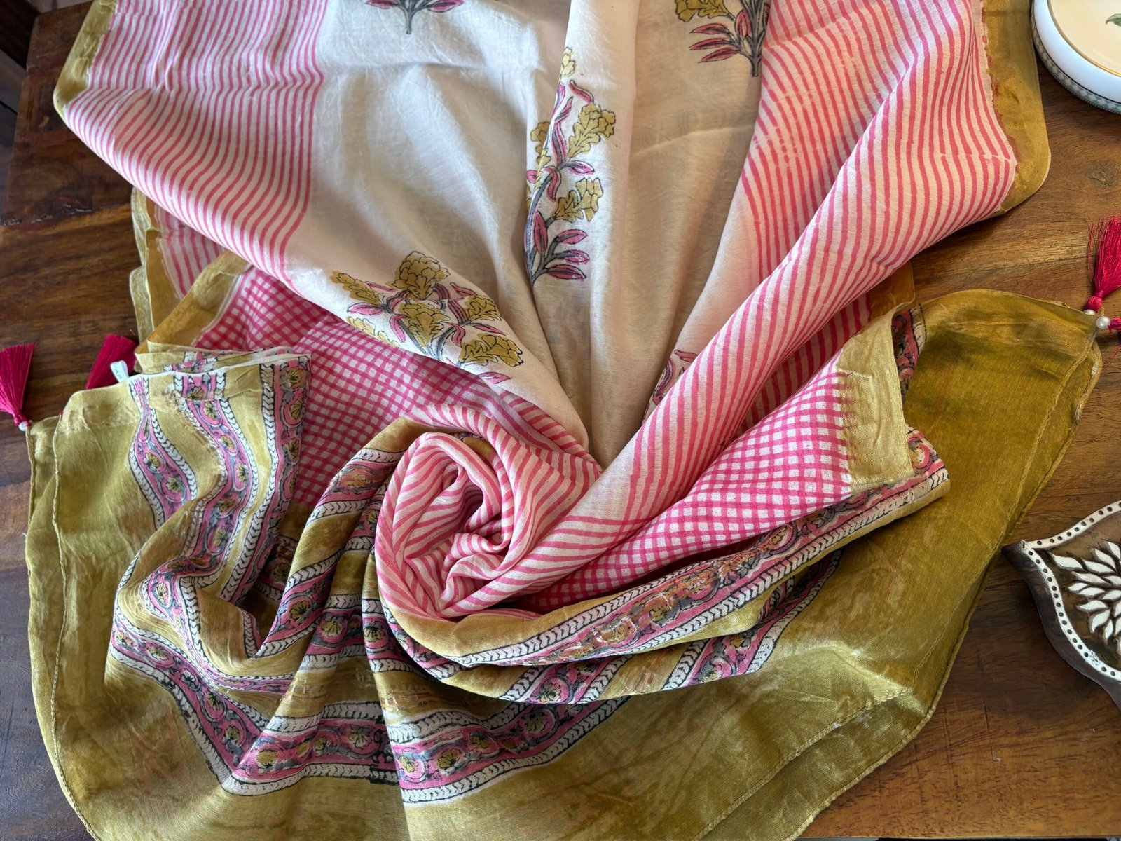 Hand-Blocked Pure Chanderi Silk Dupatta with Tassels B - Image 4