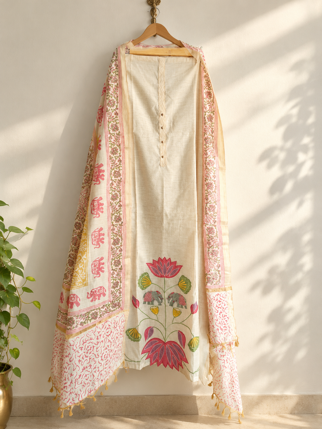 Applique Embroidered Pure Chanderi Cotton with Handblock Unstitched Salwar Suit by Ikhtirah (A) - Image 2