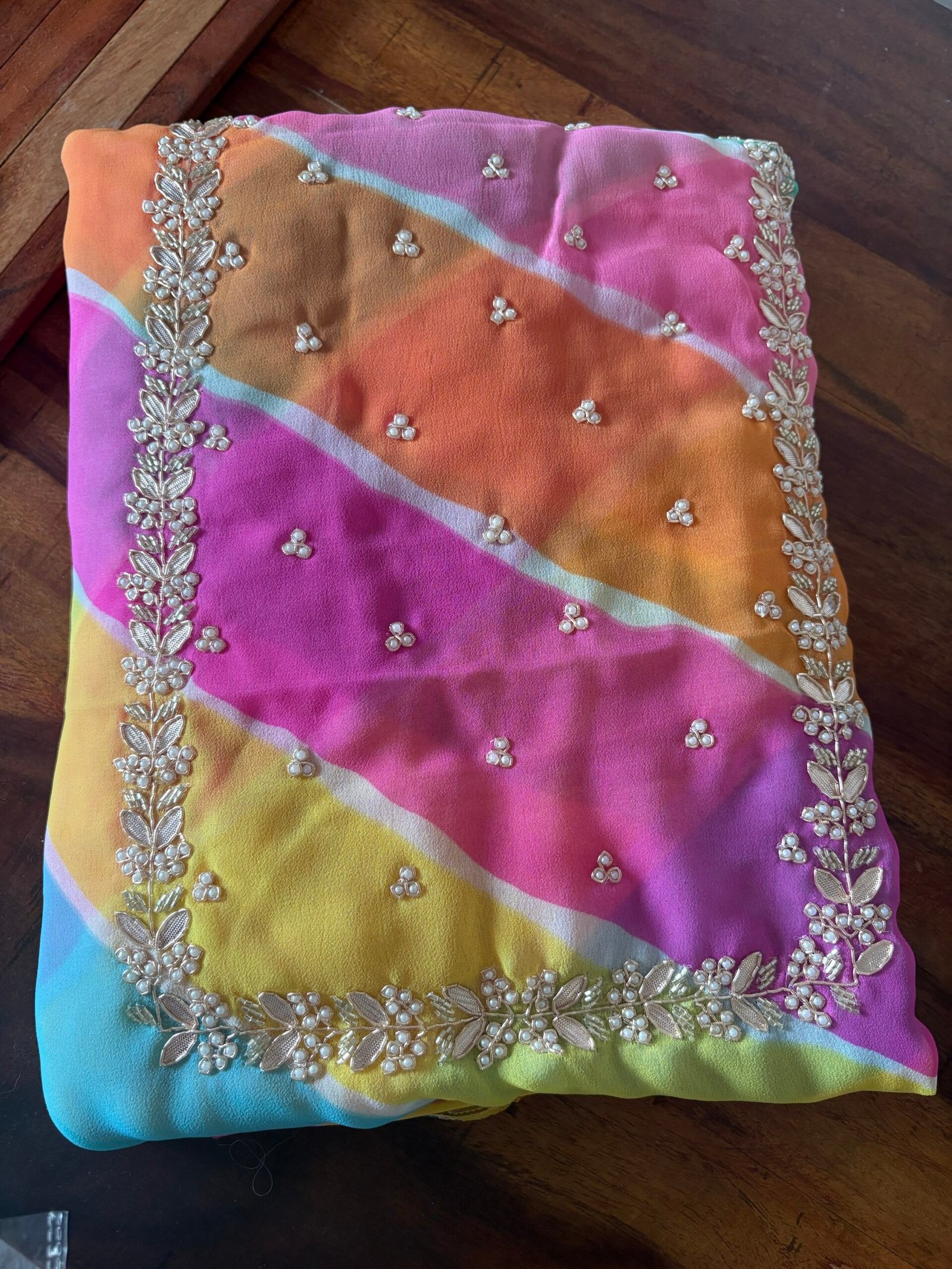Leheriya Georgette with Hand Embroidered Unstitched Salwar Suit - Image 6