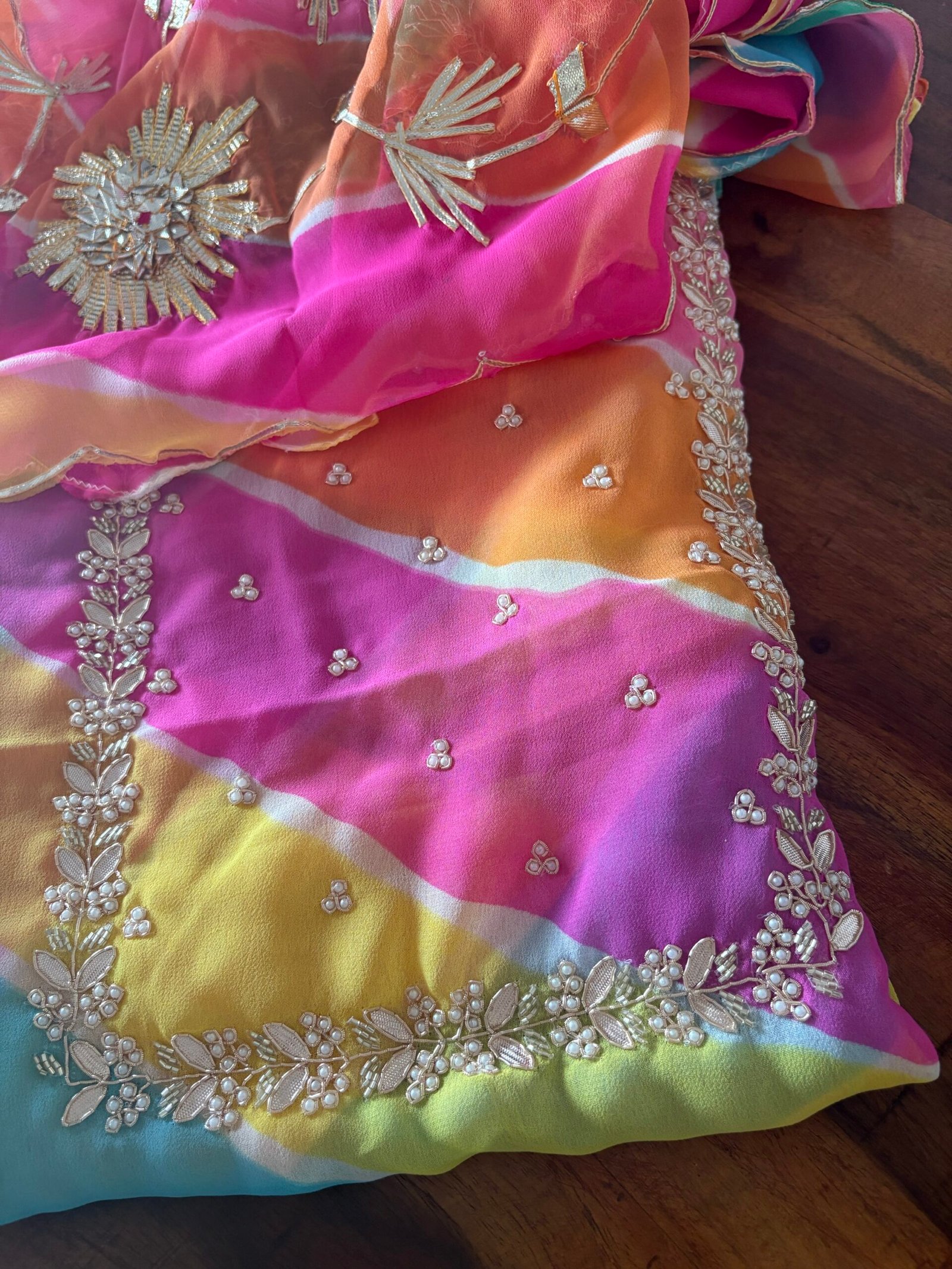 Leheriya Georgette with Hand Embroidered Unstitched Salwar Suit - Image 4