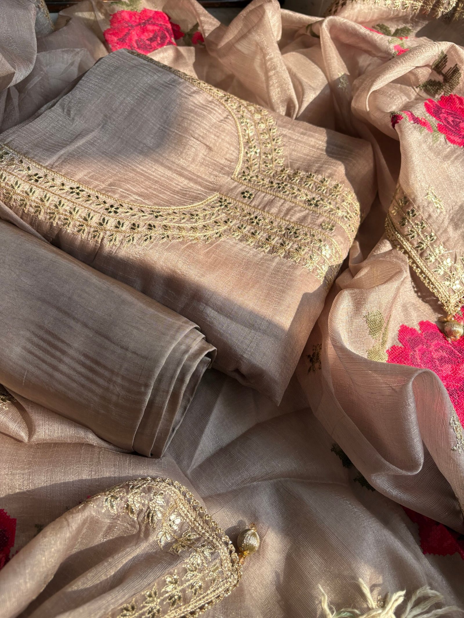 Cross Stitched Floral Cotton-Tusser Silk Unstitched Salwar Suit (Lilac undertone) - Image 3