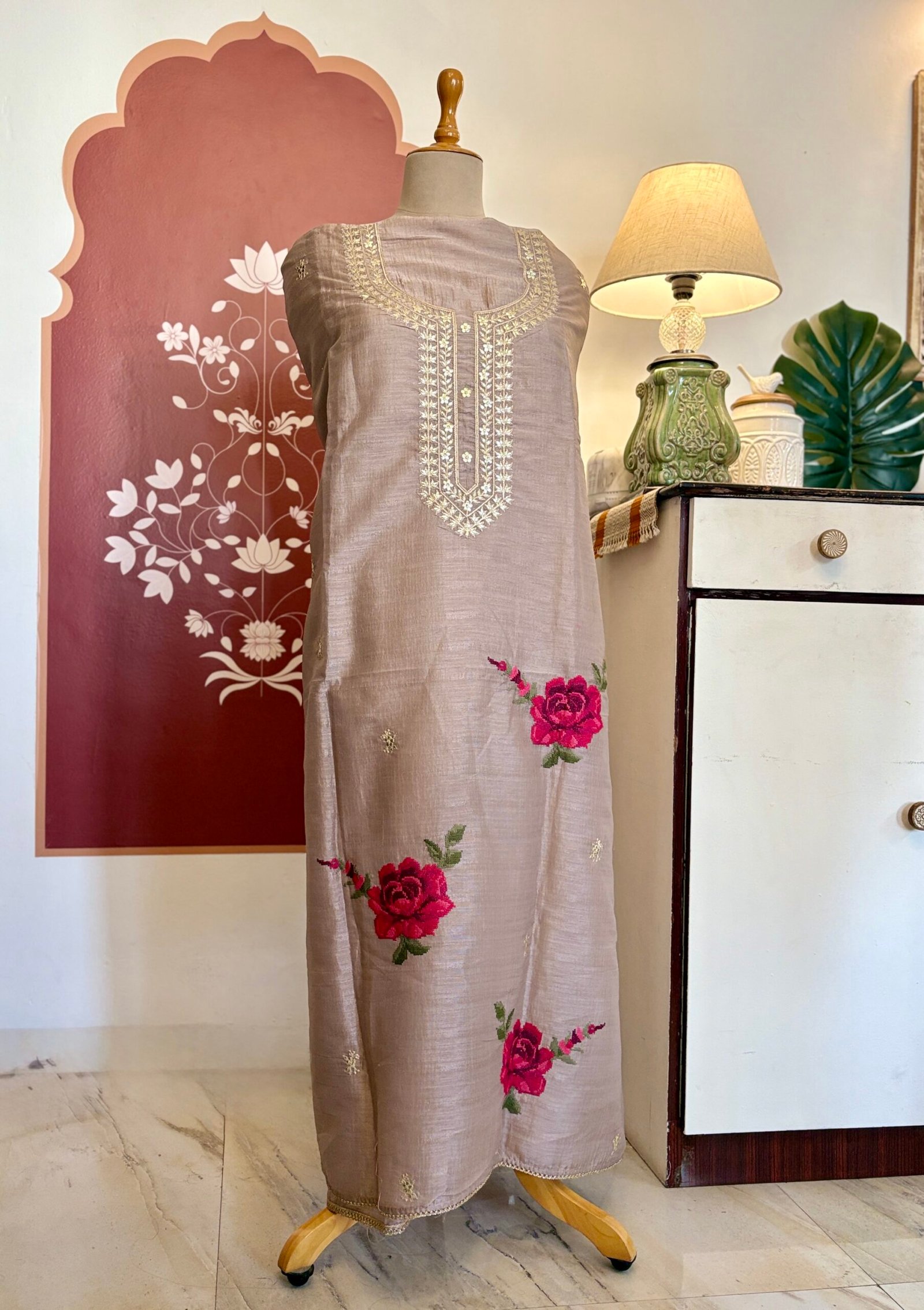 Cross Stitched Floral Cotton-Tusser Silk Unstitched Salwar Suit (Lilac undertone) - Image 8