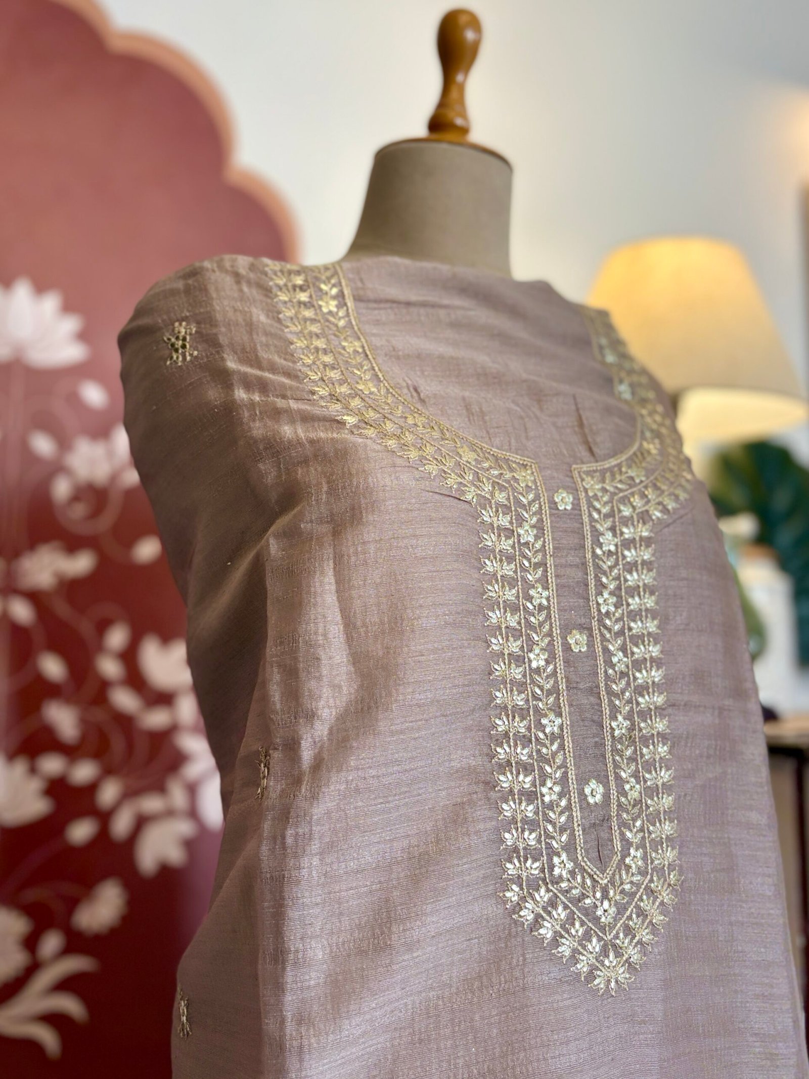 Cross Stitched Floral Cotton-Tusser Silk Unstitched Salwar Suit (Lilac undertone) - Image 2