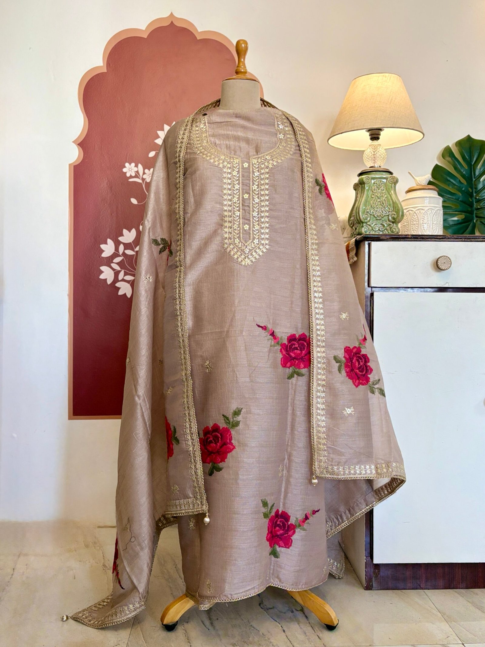 Cross Stitched Floral Cotton-Tusser Silk Unstitched Salwar Suit (Lilac undertone) - Image 10