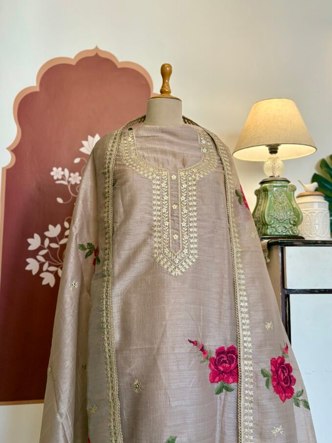 Cross Stitched Floral Cotton-Tusser Silk Unstitched Salwar Suit (Lilac undertone)