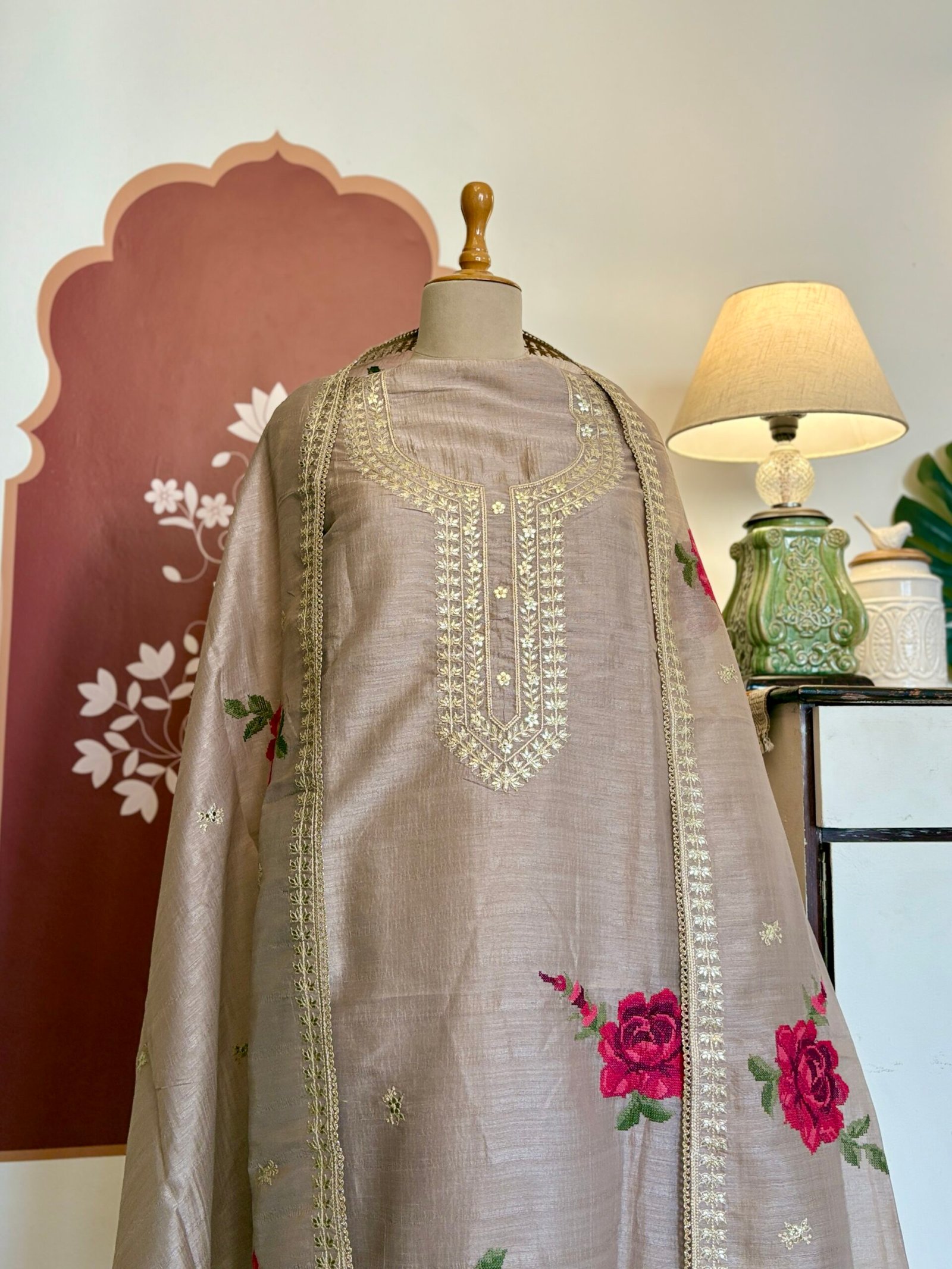Cross Stitched Floral Cotton-Tusser Silk Unstitched Salwar Suit (Lilac undertone)