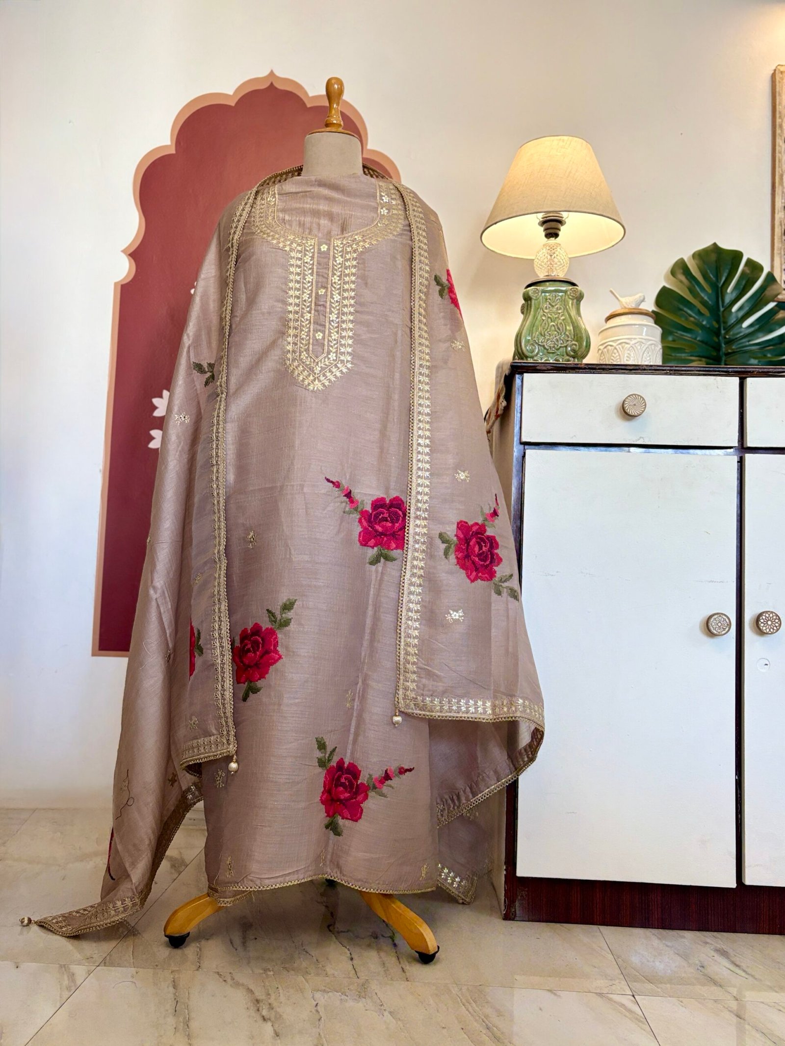 Cross Stitched Floral Cotton-Tusser Silk Unstitched Salwar Suit (Lilac undertone) - Image 11