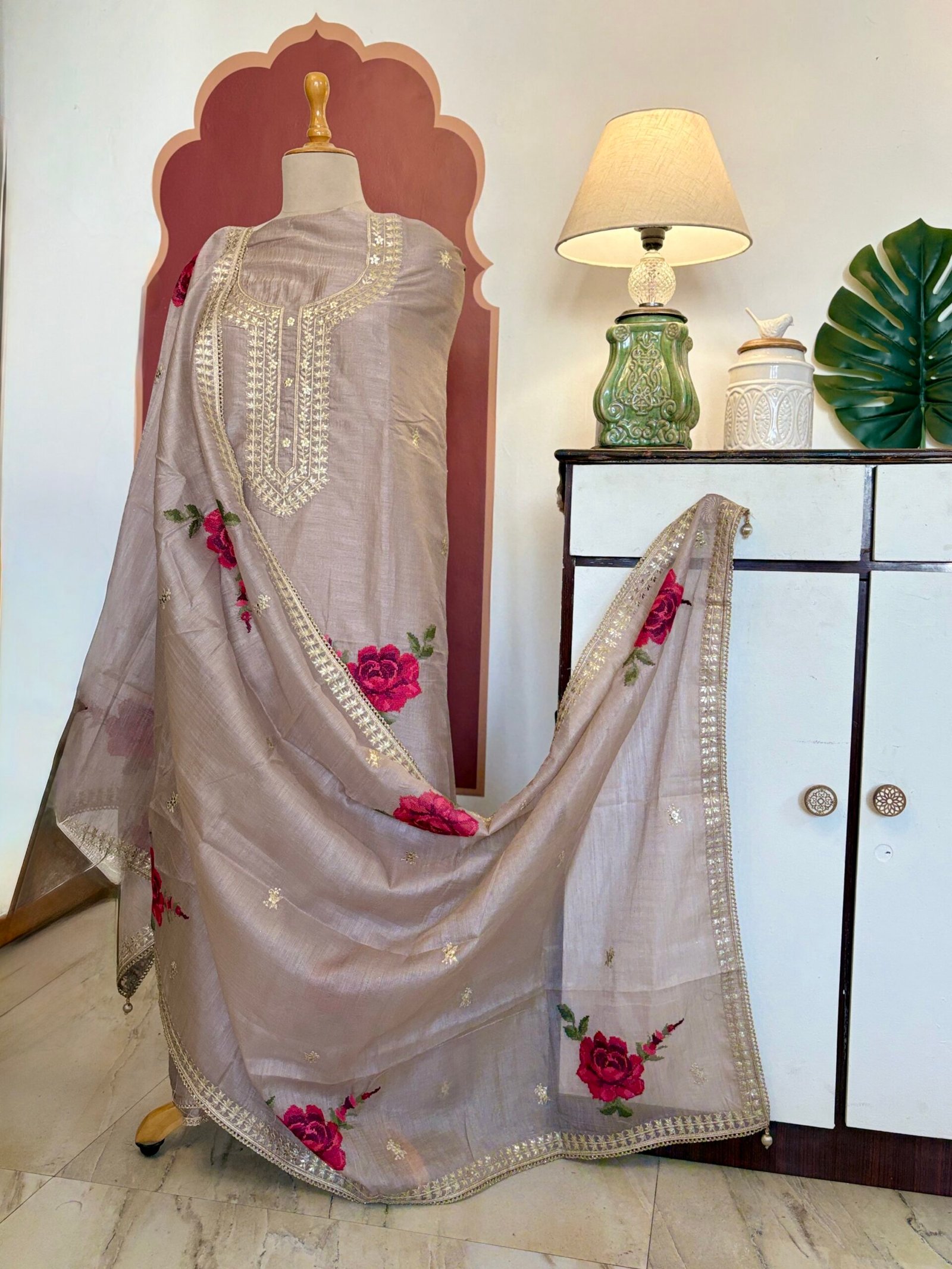 Cross Stitched Floral Cotton-Tusser Silk Unstitched Salwar Suit (Lilac undertone) - Image 12