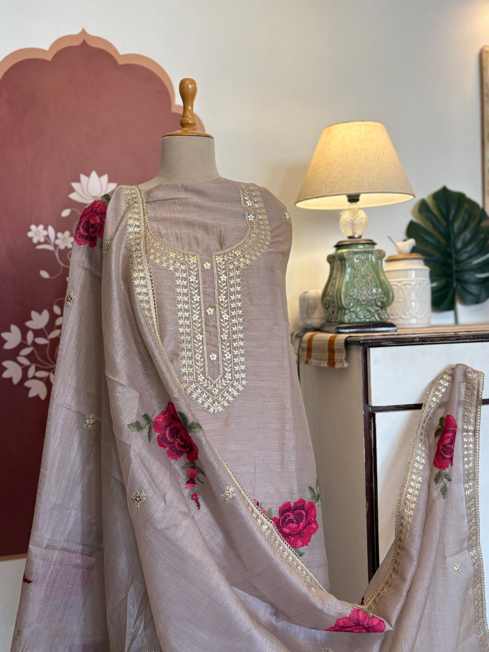 Cross Stitched Floral Cotton-Tusser Silk Unstitched Salwar Suit (Lilac undertone) - Image 4