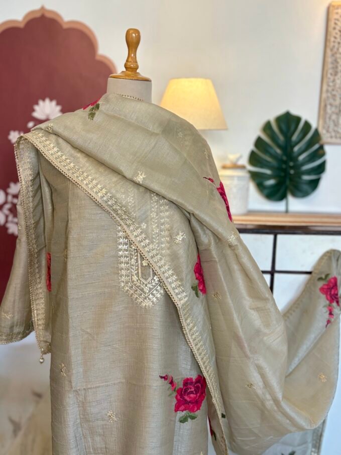 Cross Stitched Floral Cotton-Tusser Silk Unstitched Salwar Suit (Grey undertone)