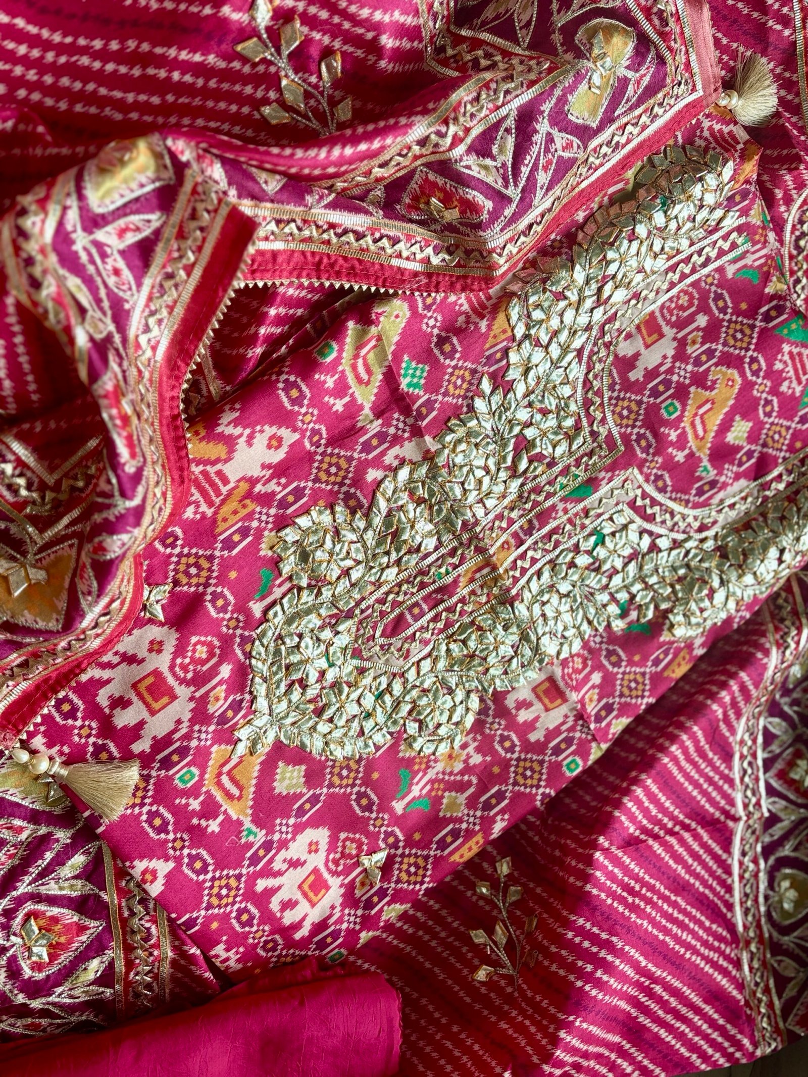 Patola Inspired Printed Silk with Katcha Gota Work Unstitched Salwar Suit (Pink) - Image 8