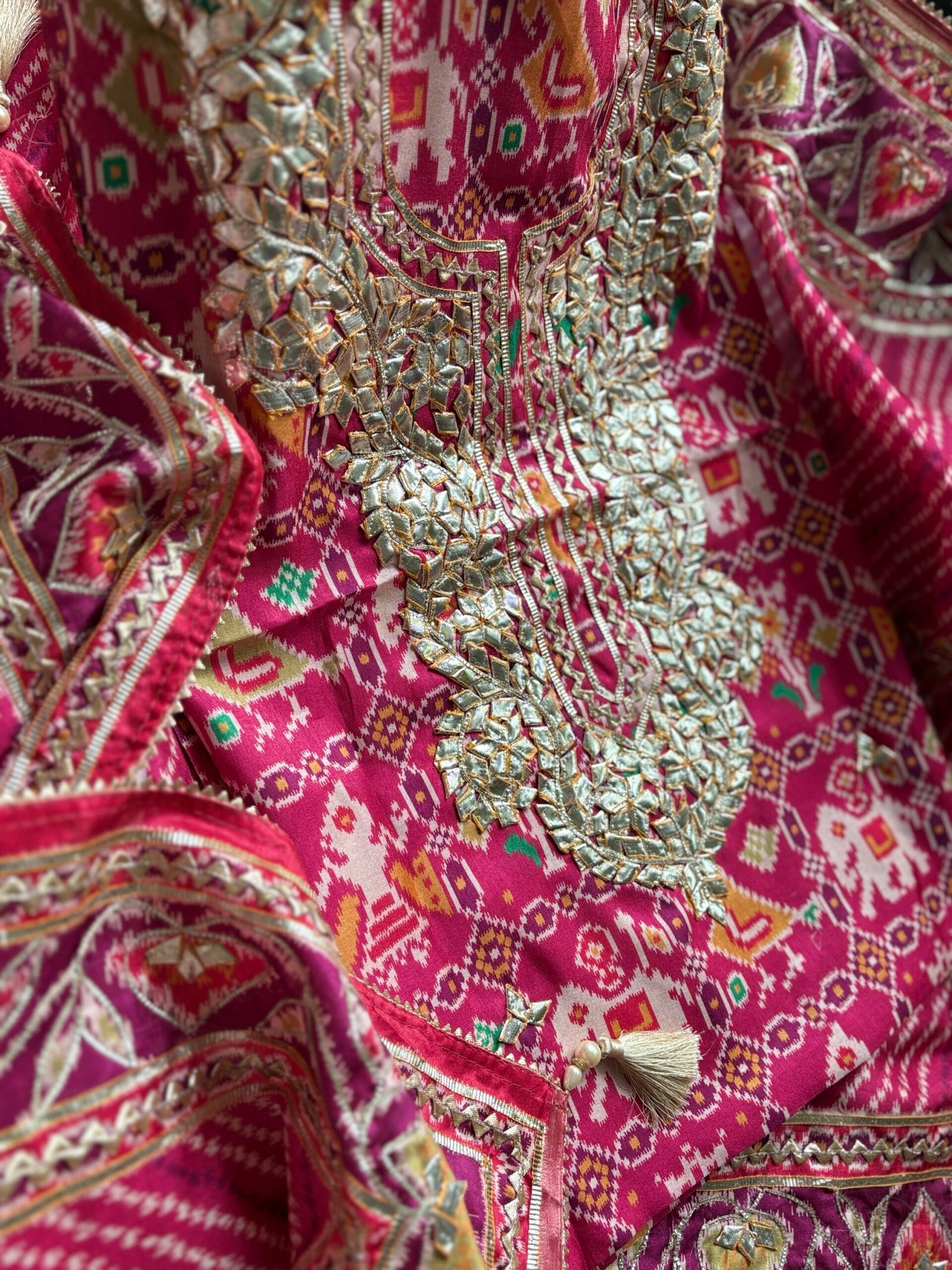 Patola Inspired Printed Silk with Katcha Gota Work Unstitched Salwar Suit (Pink) - Image 16