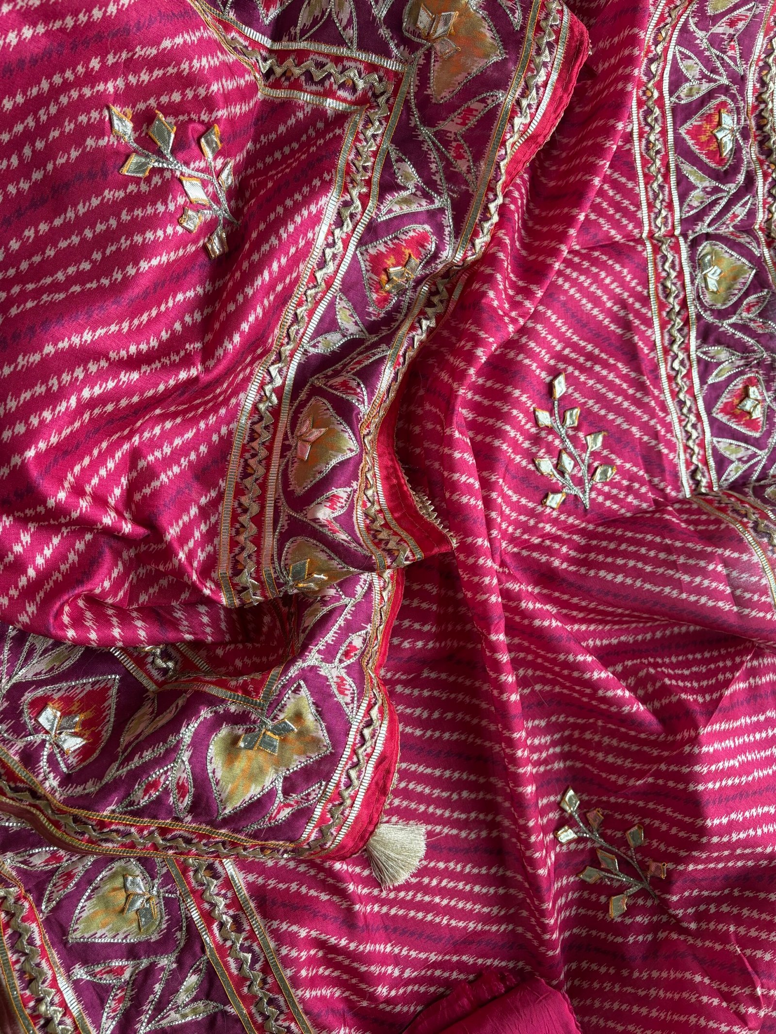 Patola Inspired Printed Silk with Katcha Gota Work Unstitched Salwar Suit (Pink) - Image 12
