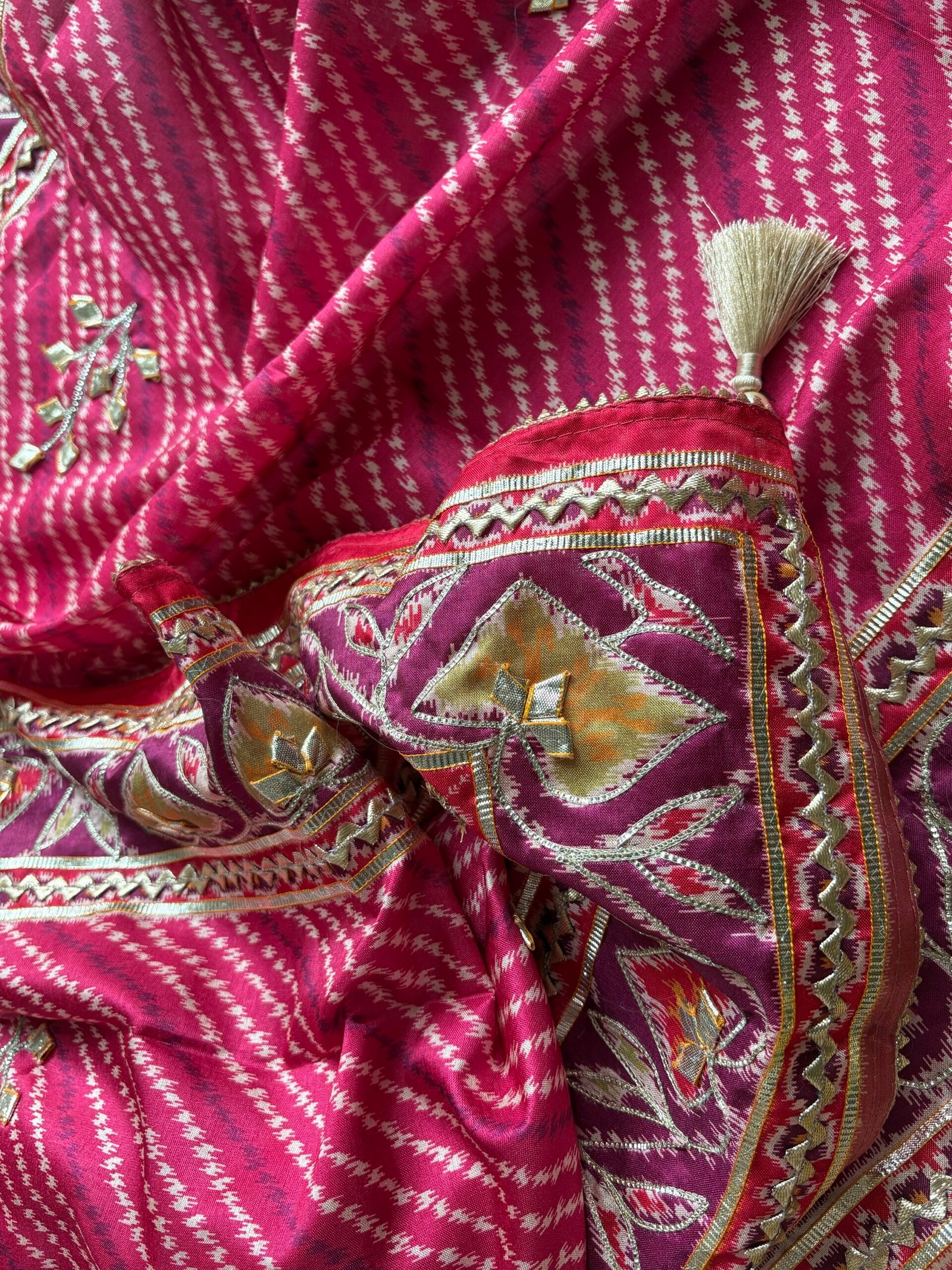 Patola Inspired Printed Silk with Katcha Gota Work Unstitched Salwar Suit (Pink) - Image 17