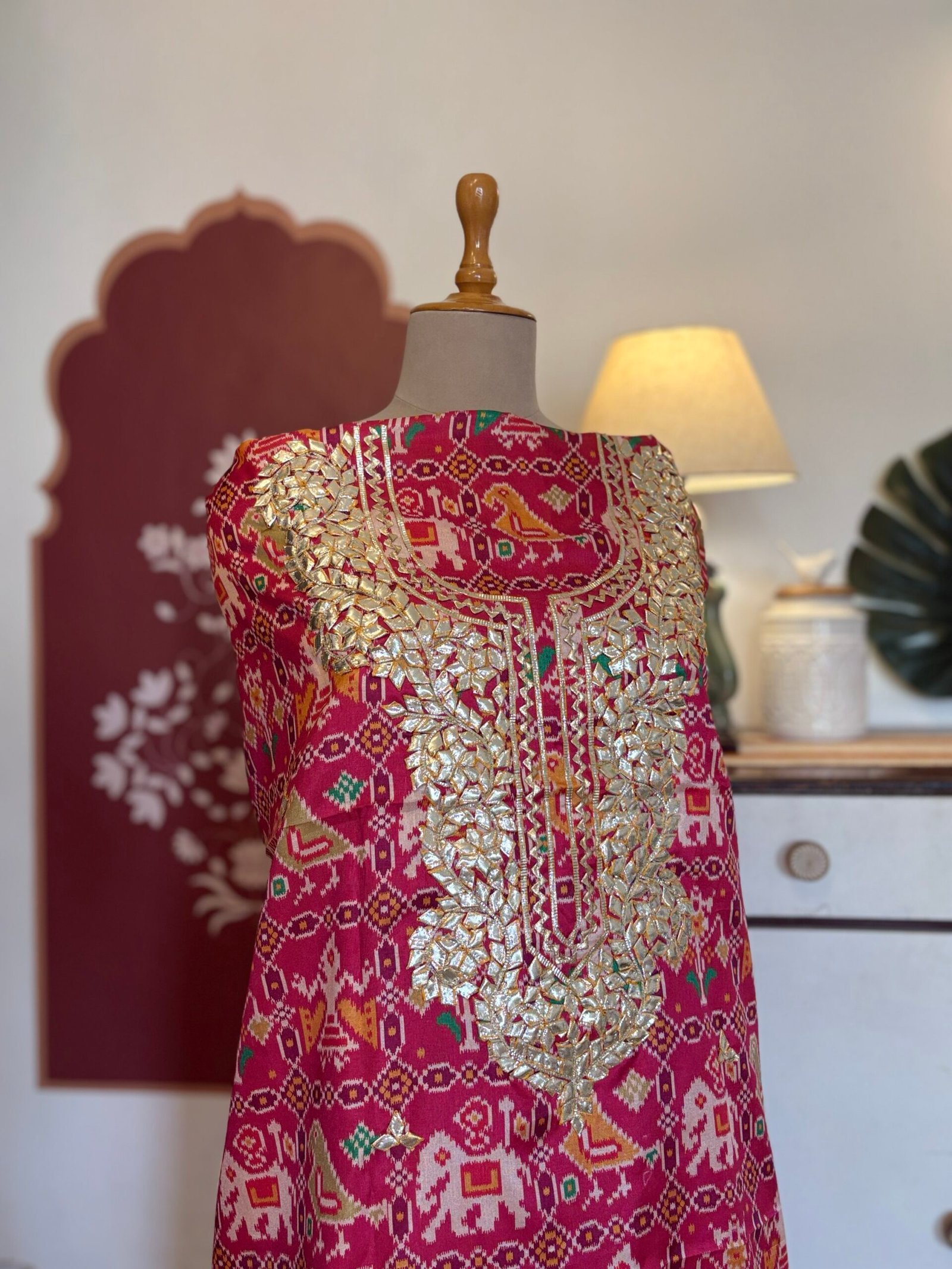 Patola Inspired Printed Silk with Katcha Gota Work Unstitched Salwar Suit (Pink) - Image 13