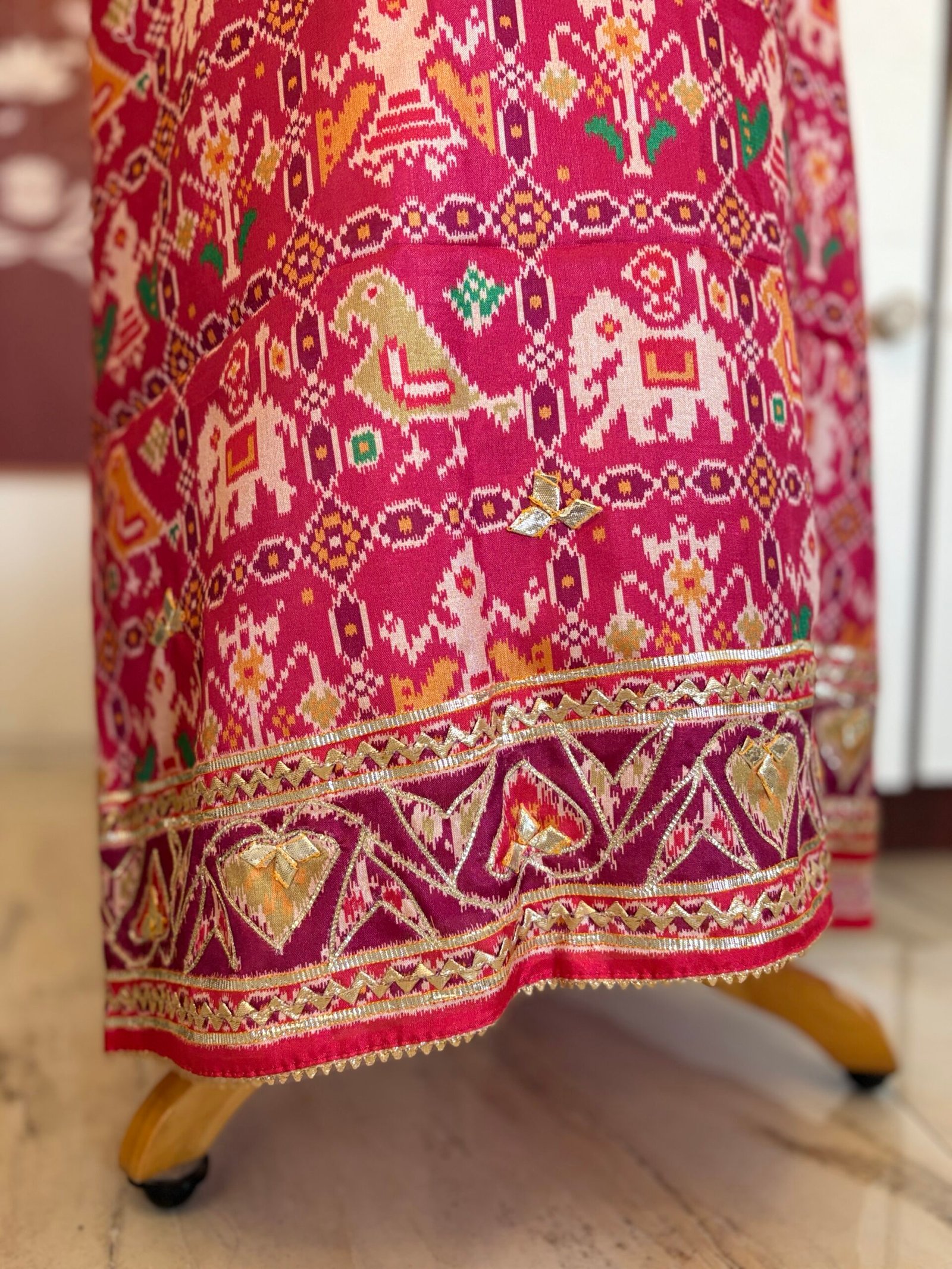 Patola Inspired Printed Silk with Katcha Gota Work Unstitched Salwar Suit (Pink) - Image 14