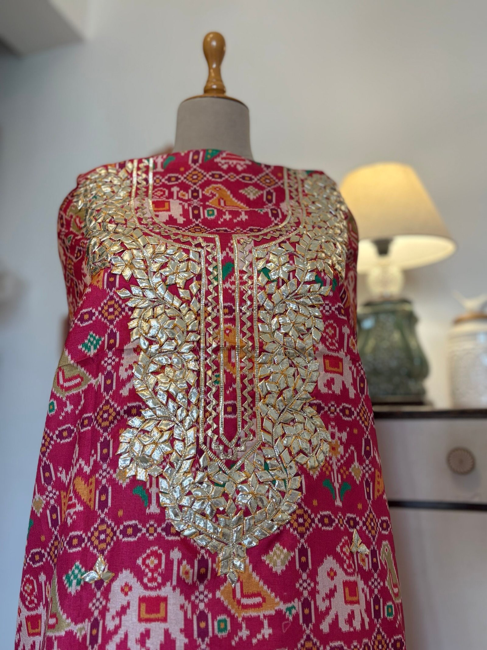 Patola Inspired Printed Silk with Katcha Gota Work Unstitched Salwar Suit (Pink) - Image 15