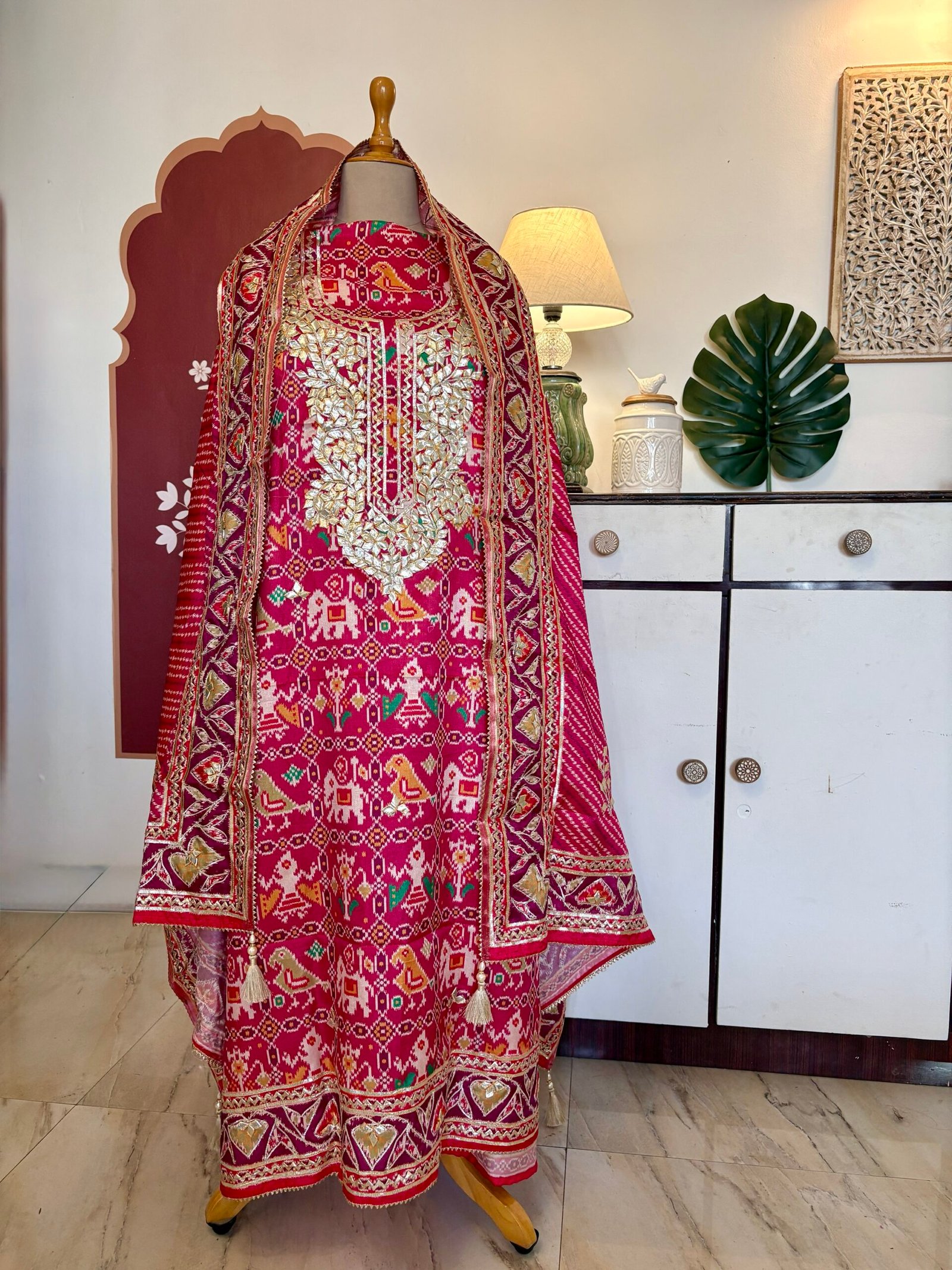 Patola Inspired Printed Silk with Katcha Gota Work Unstitched Salwar Suit (Pink) - Image 4