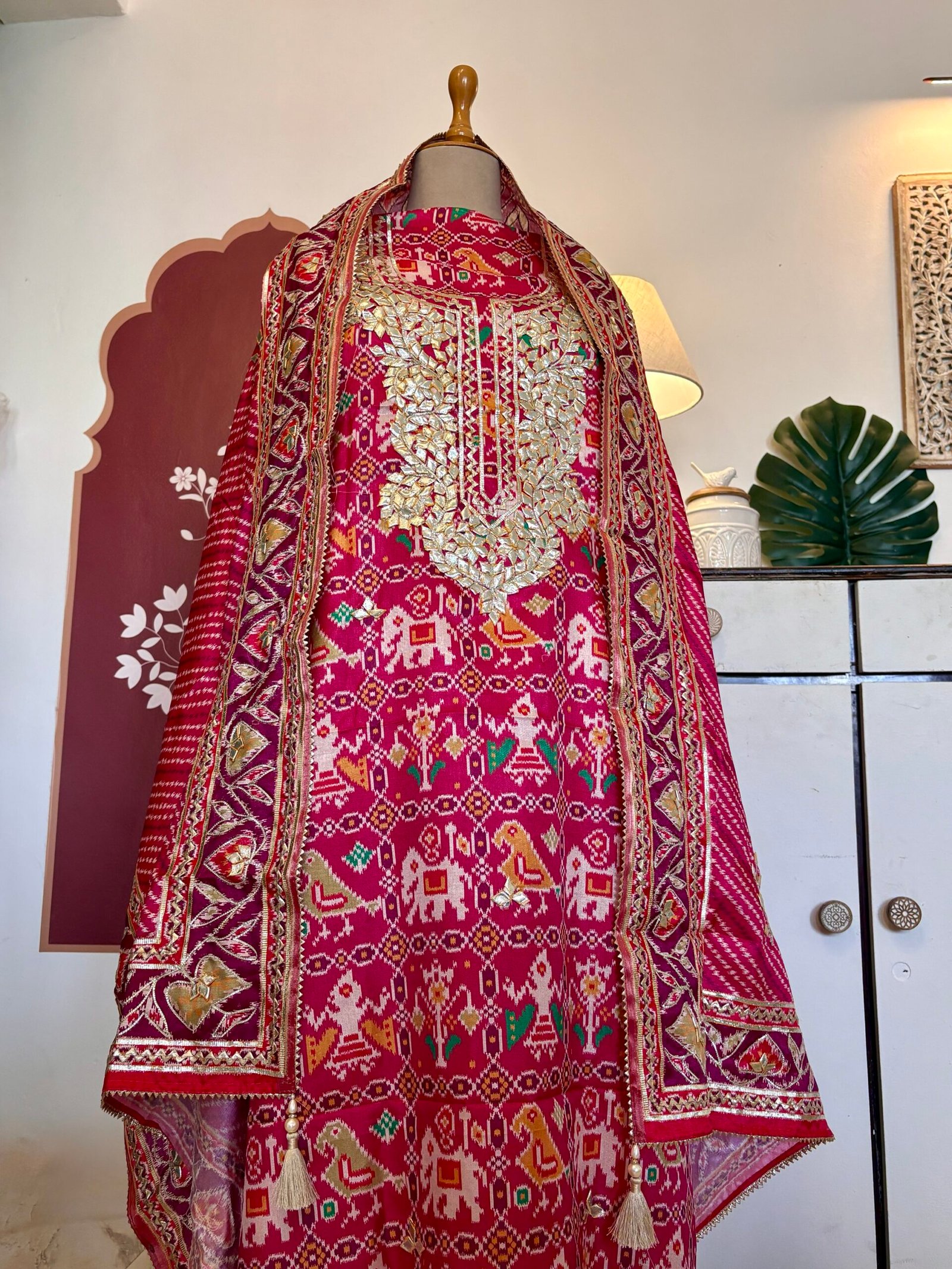 Patola Inspired Printed Silk with Katcha Gota Work Unstitched Salwar Suit (Pink) - Image 6