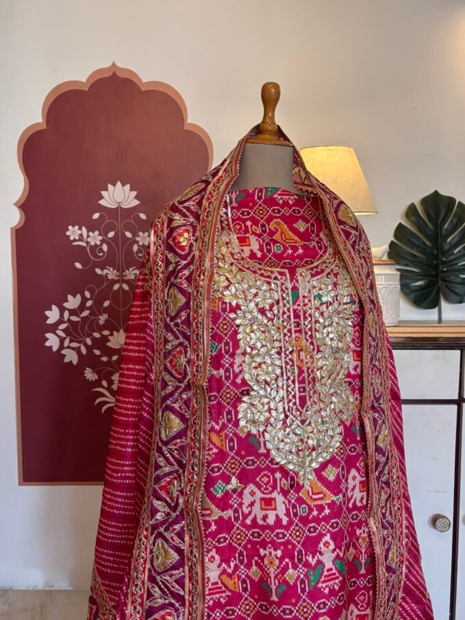 Patola Inspired Printed Silk with Katcha Gota Work Unstitched Salwar Suit (Pink)