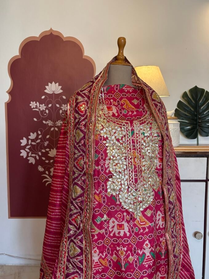 Patola Inspired Printed Silk with Katcha Gota Work Unstitched Salwar Suit (Pink)