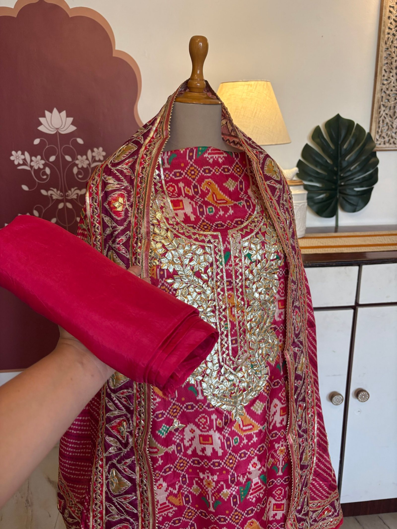 Patola Inspired Printed Silk with Katcha Gota Work Unstitched Salwar Suit (Pink) - Image 5