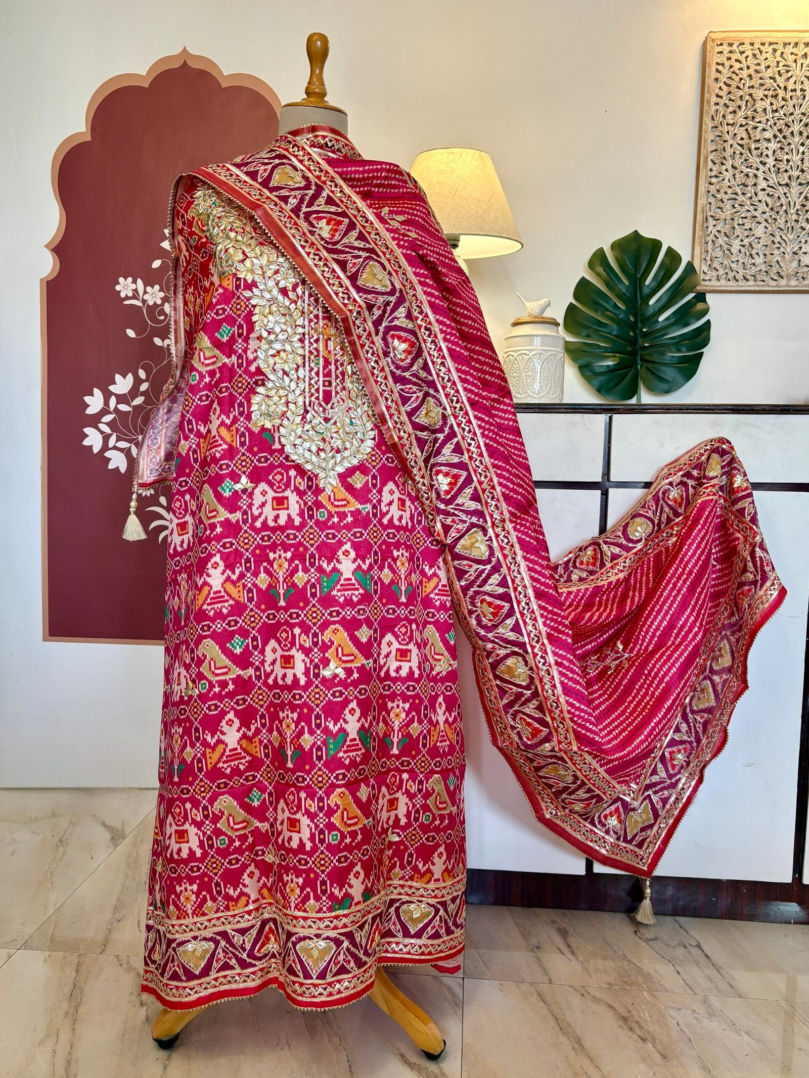 Patola Inspired Printed Silk with Katcha Gota Work Unstitched Salwar Suit (Pink) - Image 7