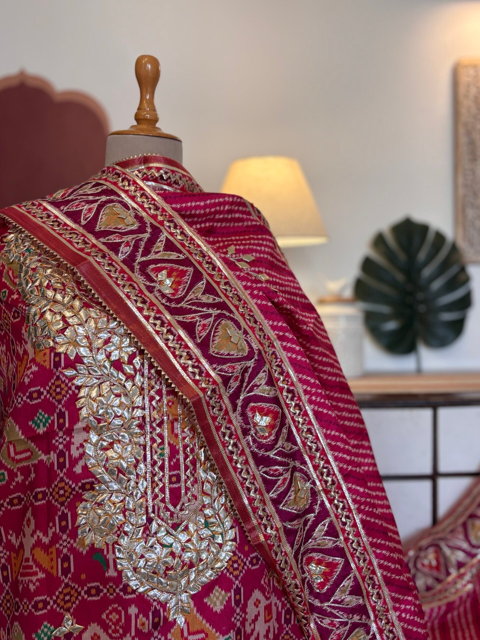 Patola Inspired Printed Silk with Katcha Gota Work Unstitched Salwar Suit (Pink) - Image 2