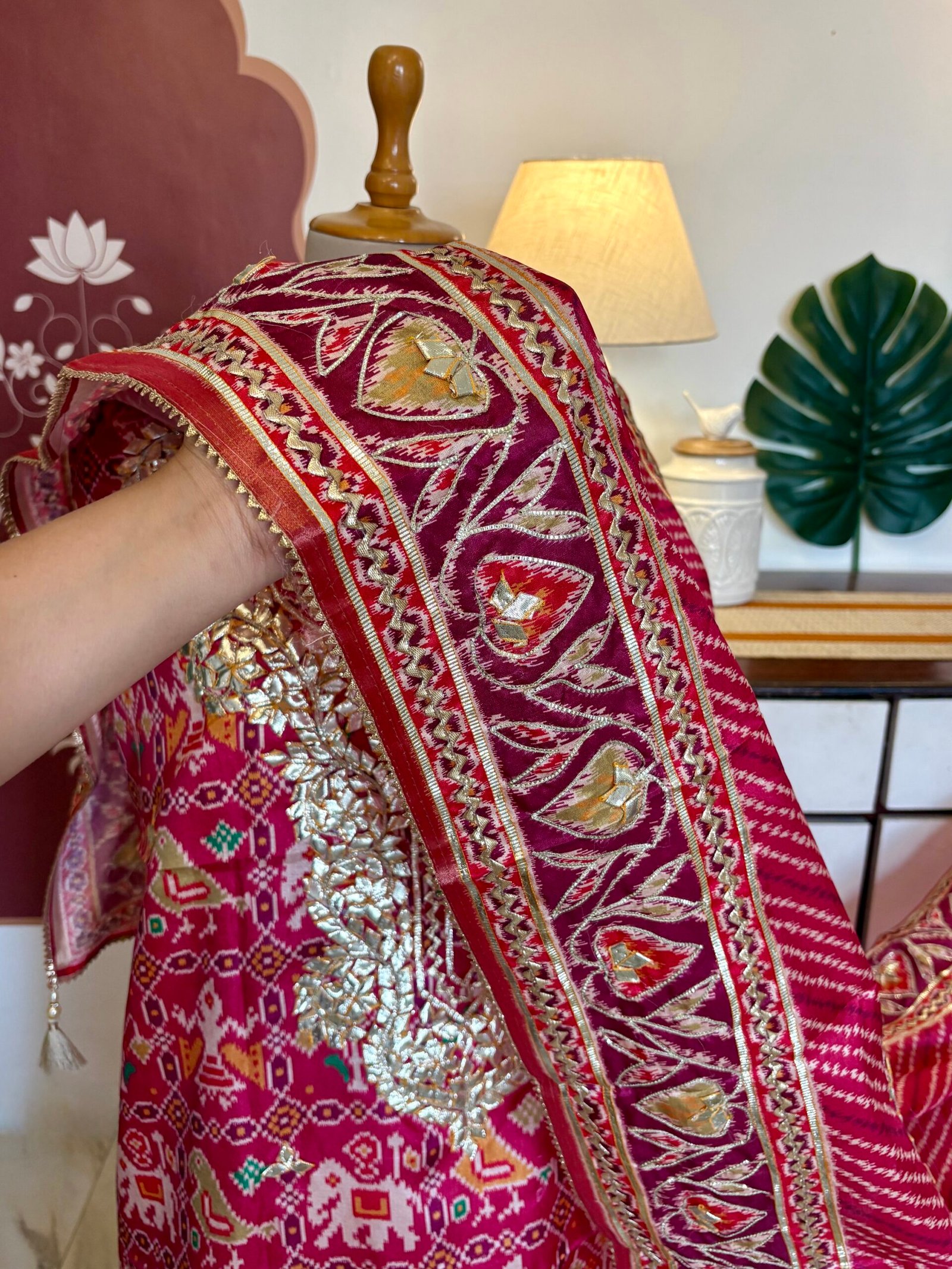 Patola Inspired Printed Silk with Katcha Gota Work Unstitched Salwar Suit (Pink) - Image 3