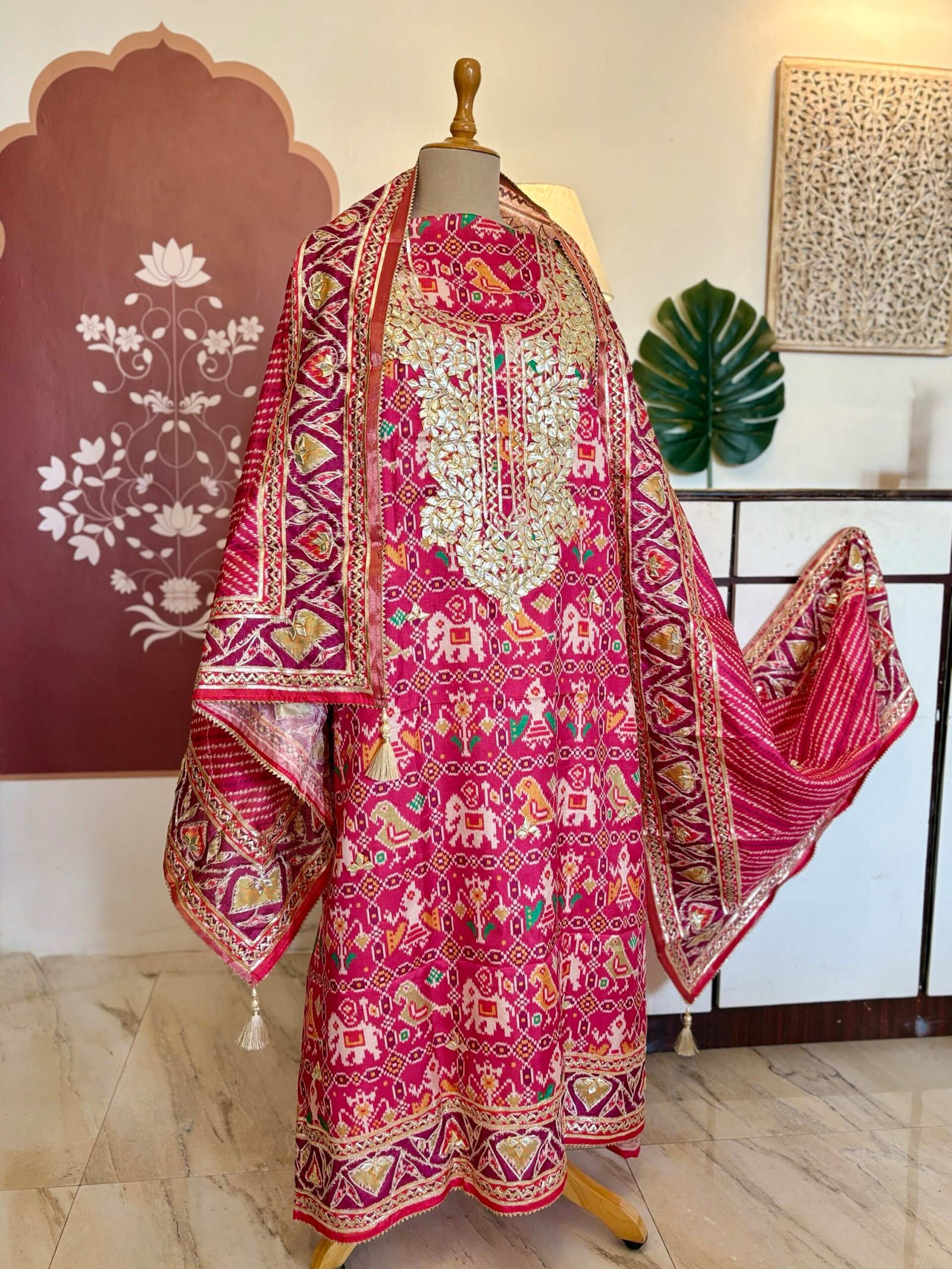 Patola Inspired Printed Silk with Katcha Gota Work Unstitched Salwar Suit (Pink) - Image 9