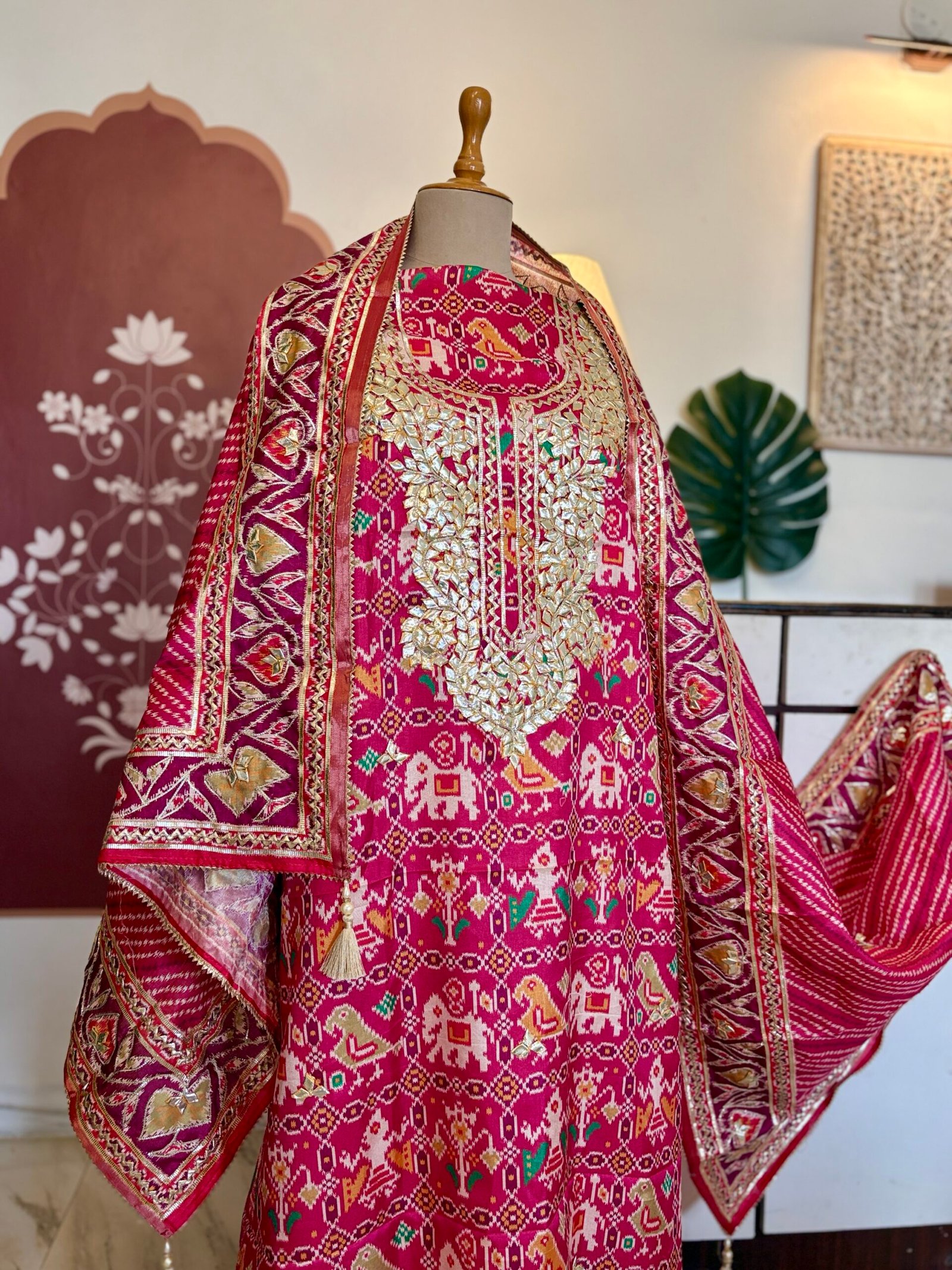 Patola Inspired Printed Silk with Katcha Gota Work Unstitched Salwar Suit (Pink) - Image 10