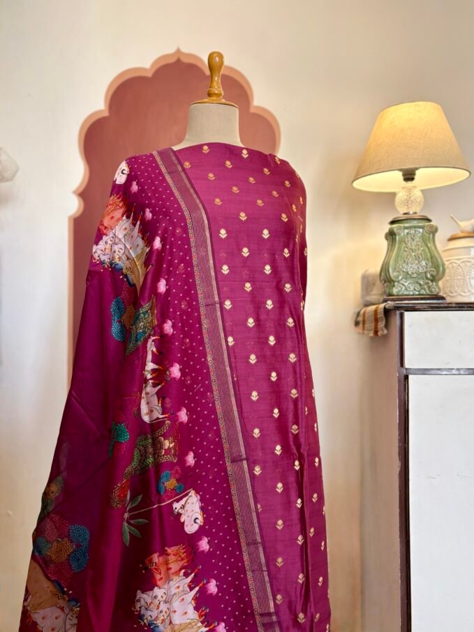 Pure Chanderi Silk Zari Woven Unstitched Salwar Suit with Exclusive Digitally Printed Dupattas
