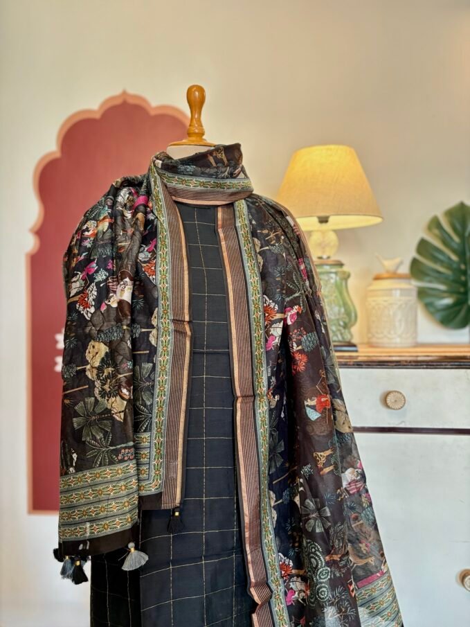 Pure Chanderi Silk Zari Woven Unstitched Salwar Suit with Exclusive Digitally Printed Dupattas (Black)