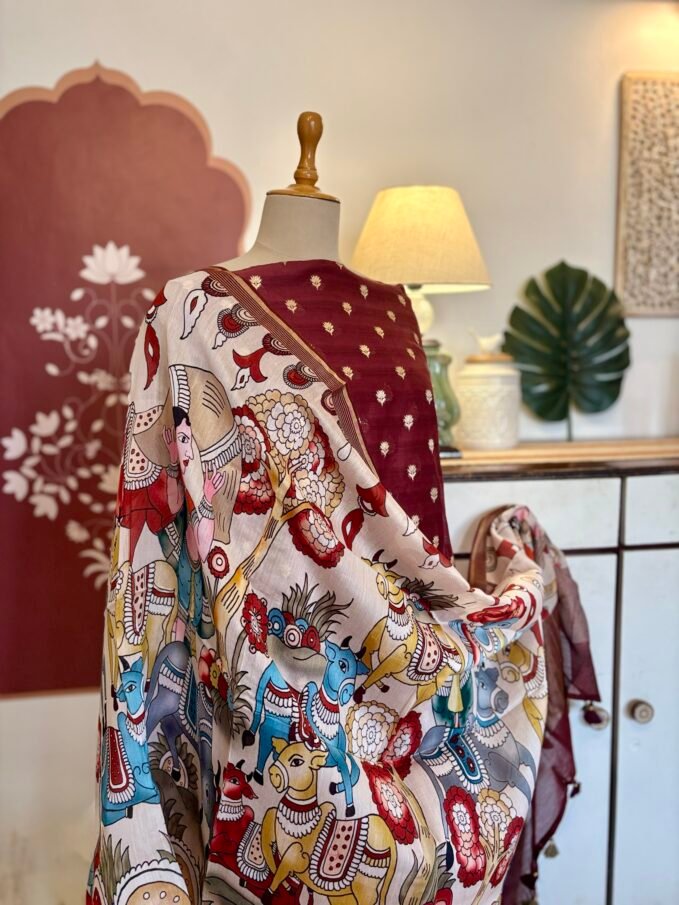 Pure Chanderi Silk Zari Woven Unstitched Salwar Suit with Exclusive Digitally Printed Dupattas (Maroon with brown undertone)