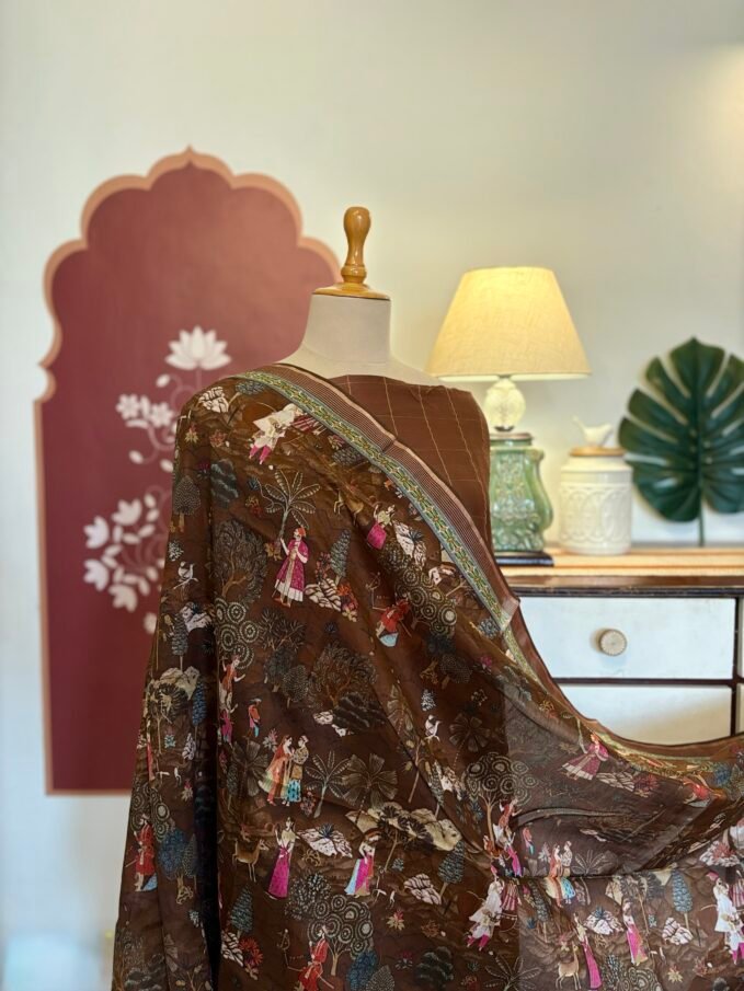 Pure Chanderi Silk Zari Woven Unstitched Salwar Suit with Exclusive Digitally Printed Dupattas (Rich Brown)